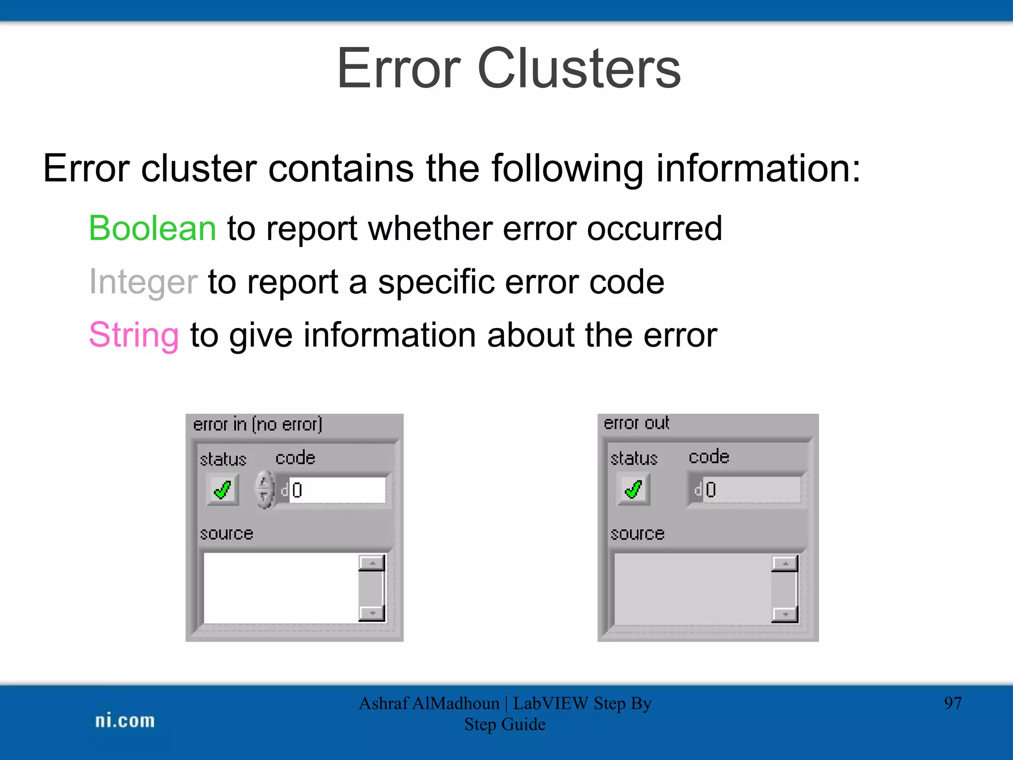 Error Clusters
Error cluster contains the following information:
Boolean to report whether error occurred
Integer to report a specific error code
String to give information about the error
Ashraf AlMadhoun | LabVIEW Step By
Step Guide
97
 