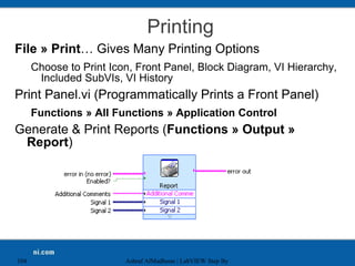 Printing
File » Print… Gives Many Printing Options
Choose to Print Icon, Front Panel, Block Diagram, VI Hierarchy,
Included SubVIs, VI History
Print Panel.vi (Programmatically Prints a Front Panel)
Functions » All Functions » Application Control
Generate & Print Reports (Functions » Output »
Report)
Ashraf AlMadhoun | LabVIEW Step By
104
 