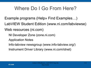 Where Do I Go From Here?
Example programs (Help» Find Examples…)
LabVIEW Student Edition (www.ni.com/labviewse)
Web resources (ni.com)
NI Developer Zone (zone.ni.com)
Application Notes
Info-labview newsgroup (www.info-labview.org/)
Instrument Driver Library (www.ni.com/idnet)
Ashraf AlMadhoun | LabVIEW Step By
Step Guide
114
 