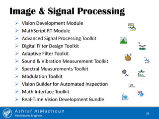 Image & Signal Processing
 Vision Development Module
 MathScript RT Module
 Advanced Signal Processing Toolkit
 Digital Filter Design Toolkit
 Adaptive Filter Toolkit
 Sound & Vibration Measurement Toolkit
 Spectral Measurements Toolkit
 Modulation Toolkit
 Vision Builder for Automated Inspection
 Math Interface Toolkit
 Real-Time Vision Development Bundle
A s h r a f A l M a d h o u n
Mechatronic Engineer
28
 