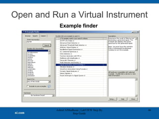 Open and Run a Virtual Instrument
Ashraf AlMadhoun | LabVIEW Step By
Step Guide
46
Example finder
 