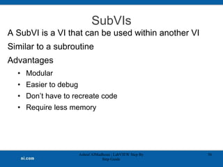SubVIs
A SubVI is a VI that can be used within another VI
Similar to a subroutine
Advantages
• Modular
• Easier to debug
• Don’t have to recreate code
• Require less memory
Ashraf AlMadhoun | LabVIEW Step By
Step Guide
56
 