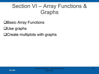 Section VI – Array Functions &
Graphs
Basic Array Functions
Use graphs
Create multiplots with graphs
Ashraf AlMadhoun | LabVIEW Step By
Step Guide
85
 