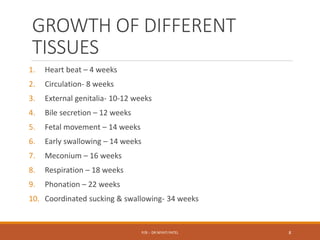 GROWTH OF DIFFERENT
TISSUES
1. Heart beat – 4 weeks
2. Circulation- 8 weeks
3. External genitalia- 10-12 weeks
4. Bile secretion – 12 weeks
5. Fetal movement – 14 weeks
6. Early swallowing – 14 weeks
7. Meconium – 16 weeks
8. Respiration – 18 weeks
9. Phonation – 22 weeks
10. Coordinated sucking & swallowing- 34 weeks
P/B :- DR NIYATI PATEL 8
 
