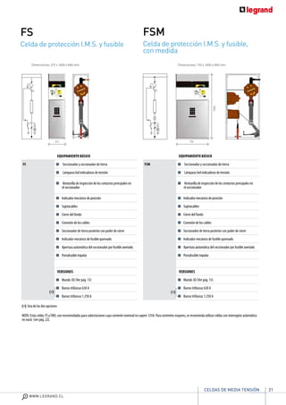 21
WWW.LEGRAND.CL
CELDAS DE MEDIA TENSIÓN
Celda de protección I.M.S. y fusible
FS
Celda de protección I.M.S. y fusible,
con medida
FSM
Equipamiento básico
FS Seccionador y seccionador de tierra
Lámparas led indicadoras de tensión
Ventanilla de inspección de los contactos principales en
el seccionador
Indicador mecánico de posición
Sujetacables
Cierre del fondo
Conexión de los cables
Seccionador de tierra posterior con poder de cierre
Indicador mecánico de fusible quemado
Apertura automática del seccionador por fusible averiado
Portafusible tripolar
versiones
Mando 3D (Ver pág. 13)
Barras trifásicas 630 A
Barras trifásicas 1.250 A
Dimensiones: 375 x 1600 x 840 mm Dimensiones: 750 x 1600 x 840 mm
Equipamiento básico
FSM Seccionador y seccionador de tierra
Lámparas led indicadoras de tensión
Ventanilla de inspección de los contactos principales en
el seccionador
Indicador mecánico de posición
Sujetacables
Cierre del fondo
Conexión de los cables
Seccionador de tierra posterior con poder de cierre
Indicador mecánico de fusible quemado
Apertura automática del seccionador por fusible averiado
Portafusible tripolar
versiones
Mando 3D (Ver pág. 13)
Barras trifásicas 630 A
Barras trifásicas 1.250 A
(*)
(*) Una de las dos opciones
(*)
750
1600
375
NOTA: Estas celda, FS y FMS, son recomendadas para subestaciones cuya corriente nominal no supere 125A. Para corrientes mayores, se recomienda utilizar celdas con interruptor automático
en vacío (ver pág. 22).
 