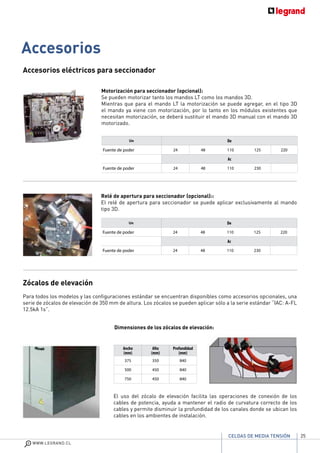 25
WWW.LEGRAND.CL
CELDAS DE MEDIA TENSIÓN
Accesorios eléctricos para seccionador
Zócalos de elevación
Para todos los modelos y las configuraciones estándar se encuentran disponibles como accesorios opcionales, una
serie de zócalos de elevación de 350 mm de altura. Los zócalos se pueden aplicar sólo a la serie estándar “IAC: A-FL
12.5kA 1s”.
El uso del zócalo de elevación facilita las operaciones de conexión de los
cables de potencia, ayuda a mantener el radio de curvatura correcto de los
cables y permite disminuir la profundidad de los canales donde se ubican los
cables en los ambientes de instalación.
Dimensiones de los zócalos de elevación:
Motorización para seccionador (opcional):
Se pueden motorizar tanto los mandos LT como los mandos 3D.
Mientras que para el mando LT la motorización se puede agregar, en el tipo 3D
el mando ya viene con motorización, por lo tanto en los módulos existentes que
necesitan motorización, se deberá sustituir el mando 3D manual con el mando 3D
motorizado.
Accesorios
Un De
Fuente de poder 24 48 110 125 220
Ac
Fuente de poder 24 48 110 230
Relé de apertura para seccionador (opcional)::
El relé de apertura para seccionador se puede aplicar exclusivamente al mando
tipo 3D.
Un De
Fuente de poder 24 48 110 125 220
Ac
Fuente de poder 24 48 110 230
Ancho
(mm)
Alto
(mm)
Profundidad
(mm)
375 350 840
500 450 840
750 450 840
 
