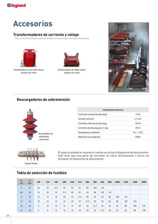 26
Accesorios
Transformadores de corriente y voltaje
El soporte aislado es necesario cuando se utiliza el dispositivo de desconexión.
Esto evita que una parte de corriente se cierre directamente a tierra sin
atravesar el dispositivo de desconexión.
Descargadores de sobretensión
Transformadores de corriente interior
aislados con resina
Transformadores de voltaje interior
aislados con resina
Descargadores de
sobretensión
( pararrayos)
Soporte aislado
Características eléctricas
Corriente nominal de descarga 10 kA
Tensión nominal 3÷33 kV
Corriente máxima de descarga 100 kA
Corriente de descarga por 2 seg. 250 A
Temperatura ambiente -40 ÷ +55°C
Altitud de la instalación 1000m
(*) En el momento del pedido, especificar la relación del transformador y las prestaciones deseadas.
Tabla de selección de fusibles
Vs
(kV)
Vi
(kV)
100 125 160 200 250 315 400 500 630 800 1000 1250 1600 2000
6 24 20 25 31,5 40 50 63 80 100 125
6,6 24 16 20 25 31,5 40 50 63 80 100 125
12 24 16 16 16 20 25 31,5 40 50 63 80 100 125
15 24 10 10 16 16 20 25 31,5 40 50 63 80 100 125
20 24 6 10 10 16 16 20 25 31,5 40 50 63 80 100 125
23 24 6 6 10 10 16 16 20 25 31,5 40 50 63 80 100
 