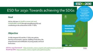 ESD for 2030:Towards achieving the SDGs
ESD for 2030 framework : https://unesdoc.unesco.org/ark:/48223/pf0000370215.locale...
