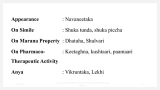 Appearance : Navaneetaka
On Simile : Shuka tunda, shuka piccha
On Marana Property : Dhatuha, Shulvari
On Pharmaco-
Therapeutic Activity
: Keetaghna, kushtaari, paamaari
Anya : Vikruntaka, Lekhi
7/30/2022
Dr.SaranyaSasi MD(Ayu)Assistant Professor SSRAMC & H Inchal
Belgaum
20
 