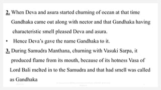 2. When Deva and asura started churning of ocean at that time
Gandhaka came out along with nector and that Gandhaka having
characteristic smell pleased Deva and asura.
• Hence Deva’s gave the name Gandhaka to it.
3. During Samudra Manthana, churning with Vasuki Sarpa, it
produced flame from its mouth, because of its hotness Vasa of
Lord Bali melted in to the Samudra and that had smell was called
as Gandhaka
7/30/2022
Dr.SaranyaSasi MD(Ayu)Assistant Professor SSRAMC & H Inchal
Belgaum
9
 