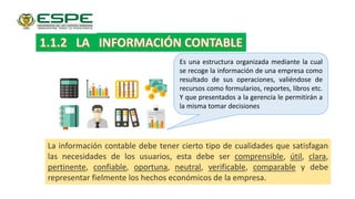 La información contable debe tener cierto tipo de cualidades que satisfagan
las necesidades de los usuarios, esta debe ser comprensible, útil, clara,
pertinente, confiable, oportuna, neutral, verificable, comparable y debe
representar fielmente los hechos económicos de la empresa.
Es una estructura organizada mediante la cual
se recoge la información de una empresa como
resultado de sus operaciones, valiéndose de
recursos como formularios, reportes, libros etc.
Y que presentados a la gerencia le permitirán a
la misma tomar decisiones
 