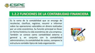 Es la rama de la contabilidad que se encarga de
recolectar, clasificar, registrar, resumir e informar
sobre las operaciones valorables en dinero realizadas
por un ente económico. Su función principal es llevar
en forma histórica la vida económica de una empresa.
También se conoce como contabilidad externa o
general y, en conjunto con la contabilidad
administrativa y la contabilidad de costos, compone la
estructura contable típica de toda organización.
 