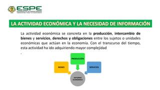 La actividad económica se concreta en la producción, intercambio de
bienes y servicios, derechos y obligaciones entre los sujetos o unidades
económicas que actúan en la economía. Con el transcurso del tiempo,
esta actividad ha ido adquiriendo mayor complejidad
.
ENTORNO
ECONÓMICO
BIENES
PRODUCCIÓN
SERVICIOS
 