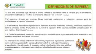 “Es todo ente económico cuyo esfuerzo se orienta a ofrecer a los clientes bienes o servicios que, al ser vendidos,
producirán rentabilidad que beneficia al empresario, al Estado y a la sociedad” Pedro Zapata
Es"el organismo formado por personas, bienes materiales, aspiraciones y realizaciones comunes para dar
satisfacciones a su clientela" Ricardo Romero
Es la"entidad que mediante la organización de elementos humanos, materiales, técnicos y financieros proporciona
bienes o servicios a cambio de un precio que le permite la reposición de los recursos empleados y la consecución de
unos objetivos determinados“ Julio Garcia
Es la “unidad económica de producción, transformación o prestación de servicios, cuya razón de ser es satisfacer una
necesidad existente en la sociedad“ Real Academia
"La empresa es una entidad conformada básicamente por personas, aspiraciones, realizaciones,
bienes materiales y capacidades técnicas y financieras; todo lo cual, le permite dedicarse
a la producción y transformación de productos y/o la prestación de servicios para satisfacer
necesidades y deseos existentes en la sociedad, con la finalidad de obtener una utilidad o
beneficio".
DEFINICIONES DE EMPRESA
 