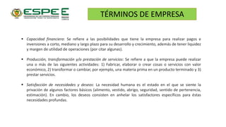  Capacidad financiera: Se refiere a las posibilidades que tiene la empresa para realizar pagos e
inversiones a corto, mediano y largo plazo para su desarrollo y crecimiento, además de tener liquidez
y margen de utilidad de operaciones (por citar algunas).
 Producción, transformación y/o prestación de servicios: Se refiere a que la empresa puede realizar
una o más de las siguientes actividades: 1) Fabricar, elaborar o crear cosas o servicios con valor
económico, 2) transformar o cambiar, por ejemplo, una materia prima en un producto terminado y 3)
prestar servicios.
 Satisfacción de necesidades y deseos: La necesidad humana es el estado en el que se siente la
privación de algunos factores básicos (alimento, vestido, abrigo, seguridad, sentido de pertenencia,
estimación). En cambio, los deseos consisten en anhelar los satisfactores específicos para éstas
necesidades profundas.
TÉRMINOS DE EMPRESA
 