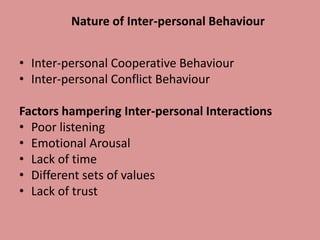 Nature of Inter-personal Behaviour
• Inter-personal Cooperative Behaviour
• Inter-personal Conflict Behaviour
Factors hampering Inter-personal Interactions
• Poor listening
• Emotional Arousal
• Lack of time
• Different sets of values
• Lack of trust
 