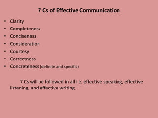 7 Cs of Effective Communication
• Clarity
• Completeness
• Conciseness
• Consideration
• Courtesy
• Correctness
• Concreteness (definite and specific)
7 Cs will be followed in all i.e. effective speaking, effective
listening, and effective writing.
 