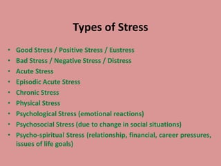 Types of Stress
• Good Stress / Positive Stress / Eustress
• Bad Stress / Negative Stress / Distress
• Acute Stress
• Episodic Acute Stress
• Chronic Stress
• Physical Stress
• Psychological Stress (emotional reactions)
• Psychosocial Stress (due to change in social situations)
• Psycho-spiritual Stress (relationship, financial, career pressures,
issues of life goals)
 