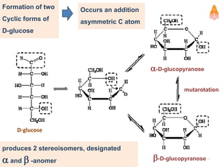Formation of two
Cyclic forms of
D-glucose
Occurs an addition
asymmetric C atom
produces 2 stereoisomers, designated
 and  -anomer
mutarotation
-D-glucopyranose
-D-glucopyranose
17
D-glucose
 