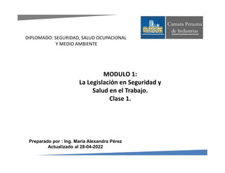 MODULO 1:
La Legislación en Seguridad y
Salud en el Trabajo.
Clase 1.
Preparado por : Ing. María Alexandra Pérez
Actualizado al 28-04-2022
DIPLOMADO: SEGURIDAD, SALUD OCUPACIONAL
Y MEDIO AMBIENTE
 