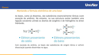 • Bases
Montando a fórmula eletrônica de uma base
As bases, como já dissemos, são substâncias essencialmente iônicas (com
exceção da amônia). No entanto, na sua estrutura existe também uma
ligação covalente unindo os átomos de oxigênio e de hidrogênio no ânion
hidróxido.
Com exceção da amônia, as bases são substâncias de origem iônica e sofrem
dissociação quando dissolvidas na água.
 