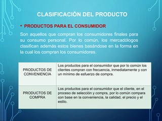CLASIFICACIÓN DEL PRODUCTO
• PRODUCTOS PARA EL CONSUMIDOR
Son aquellos que compran los consumidores finales para
su consumo personal. Por lo común, los mercadólogos
clasifican además estos bienes basándose en la forma en
la cual los compran los consumidores.
PRODUCTOS DE
CONVENIENCIA
Los productos para el consumidor que por lo común los
clientes compran con frecuencia, inmediatamente y con
un mínimo de esfuerzo de compra.
PRODUCTOS DE
COMPRA
Los productos para el consumidor que el cliente, en el
proceso de selección y compra, por lo común compara
con base en la conveniencia, la calidad, el precio y el
estilo.
 