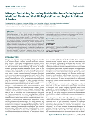22 Systematic Reviews in Pharmacy, Vol 9, Issue 1, Jan-Dec, 2018
Nitrogen Containing Secondary Metabolites from Endophytes of
Medicinal Plants and their Biological/Pharmacological Activities-
A Review
ABSTRACT
Endophytes are the microbes that live inside of a plant and colonise the
intercellular spaces of the plant tissues. Nitrogen containing compounds
have an important role in research through decades as a history in the
development of organic synthesis. Nitrogen is a part of all living cells and
an important component of all proteins, enzymes, nucleic acids, cofac-
tors, signalling molecules, numerous plant secondary products and nec-
essary metabolic processes involved in the synthesis and transfer of en-
ergy. These compounds also occur in a diverse natural products and drugs
showing importance in many aspects of life and commercial processes. A
nitrogenous secondary metabolite obtained by endophytes originate from
various biosynthetic pathways belonging to different structural groups such
as alkaloids, amines, peptides, etc. These secondary metabolites show
promising potentiality and benefits in safety and human health. This re-
view covers diversity of nitrogenous secondary metabolites isolated from
endophytes associated with medicinal plants possessing biological/phar-
macological activities such as anticancer, antimicrobial, antifungal, antiviral,
antimalarial, etc in the plant tissues from years 2008-2016.
Key words: Nitrogen, Endophytic fungi, Anticancer, Antifungal, Antibacte-
rial, Antimalarial.
Correspondence:
Ms. Smita K Puri
Research Scholar, Department of Pharmacognosy  Phytochemistry, SET’s Col-
lege of Pharmacy, S. R. Nagar, Dharwad 580002, Karnataka, INDIA.
Phone no: 9986033439
E-mail id: smitamadagundi@gmail.com
DOI : 10.5530/srp.2018.1.5
Sys Rev Pharm. 2018;9(1):22-30
A multifaceted Review journal in the field of Pharmacy
Review Article
Smita Kishor Puri 1*
, Prasanna Vasantrao Habbu1
, Preeti Venkatrao Kulkarni2
, Venkatrao Hanumantrao Kulkarni2
1
Postgraduate, Department of Pharmacognosy, SET’s College of Pharmacy, S. R. Nagar, Dharwad 580002, Karnataka, INDIA.
2
Postgraduate, Department of Pharmacology, SET’s College of Pharmacy, S. R. Nagar, Dharwad 580002, Karnataka, INDIA.
INTRODUCTION
Nitrogen is an important component of living cells present in nucleic
acids, proteins, enzymes, cofactors, signalling molecules, numerous
plant secondary products and necessary metabolic processes involved
in the synthesis and transfer of energy. Plants require nitrogen through-
out their development. Plants containing large amount of nitrogen
produces nitrogenous secondary metabolites forming a part of their
structure. Plants obtain nitrogen from roots by nitrogen fixing bacteria
and deterioration of dead tissues by micro-organisms, thus promoting
plant growth.1
Nitrogen combines chemically with oxygen or hydrogen
to form various nitrogenous compounds which can be used by plants.
The organic  nitrogenous  compounds are formed from inorganic  ni-
trogen  compounds present in the environment by nitrogen assimila-
tion. These nitrogenous compounds are added to the soil as fertilizers
in the form of ammonium (NH4
+
) and nitrate (NO3
+
). Nitrogenous me-
tabolites are widely distributed throughout the plant kingdom.
Nitrogen is a major constituent in almost drugs used in medicine. Nitro-
gen containing compounds have an important role in research through
decades as a history in the development of organic synthesis. Nitrogen
containing medicinal compounds has been used since centuries, as they
form the basis for many drugs such as taxol, campothecin, vincristine,
etc. These compounds occur in a diverse natural products and drugs
showing importance in many aspects of life and commercial processes,
from the industrial production of fertilizers to the building blocks of life.2
Endophyte is a microorganism that lives inside of a plant and colonise
the intercellular spaces of the plant tissues. They include organisms such
as fungi, bacteria and actinomycetes which spend its lifespan inside cel-
lular tissues for healthy host without producing any symptoms.3
They are
chemical synthesizers producing novel compounds that show numerous
pharmacological and biological activities.4
Mutualistic relation between
endophytes and host plants results in beneficiary for both,5
thus mutual
relationship, between taxonomy and ecology are being studied. Majority
of the secondary metabolites already discovered in plants, but micro-
organisms are also capable of producing more than 20000 biologically
active compounds, influencing the performance and survival of other
organisms.6
Many of these microbes producing active secondary me-
tabolites are involved in a host endophyte relationship and thus exhibit
various biological activities as antibiotic, antitumor, anti-inflammatory,
antioxidant, etc. Numerous secondary metabolites produced by various
endophytes possess unique structures belonging to alkaloids, glycosides,
benzopyranones, flavonoids, phenolic acids, quinones, steroids, xan-
thones, terpenoids, tetralones and others and bioactivities, potentially
useful.7
Alkaloids, non-protein amino acids, cyanogenetic glycosides,
amines, glucosinolates, alkamides, lecithins, peptides and polypeptides
are important group of secondary metabolites having nitrogen produced
by endophytes.
Secondary nitrogen is a commonly used in endophyte/host and plant
interactions for host plant growth, uptake by endophytes and demand
for synthesis of highly nitrogen containing compounds. Many of these
compounds are required for the growth of the plants in the environment.
Taxol, Campothecin, Vincristine, Phomoenamide, Aspergillusol A, Hel-
volic acid are some of the nitrogenous secondary metabolites obtained
from the different endophytes exhibiting various pharmacological activi-
ties.
Many attempts were made to isolate and identify various secondary me-
tabolites from endophytes to produce inexhaustible supply of bioactive
compounds which are used commercially. Changes in the conditions
of the culture can be explored by optimizing various biosynthetic path-
ways leading to the production of derivatives and analogues of novel
compounds.8
The increasing awareness of the secondary metabolites of
medicinal plants can be influenced by endophytic infection. These en-
dophytes may produce them on their own as that of plant or they may
also alter the metabolite produced by the plant. Hence, there can be vari-
 