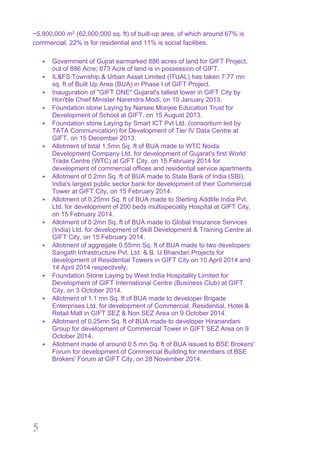5
~5,800,000 m2
(62,000,000 sq. ft) of built-up area, of which around 67% is
commercial, 22% is for residential and 11% is social facilities.
§ Government of Gujrat earmarked 886 acres of land for GIFT Project,
out of 886 Acre; 673 Acre of land is in possession of GIFT.
§ IL&FS Township & Urban Asset Limited (ITUAL) has taken 7.77 mn
sq. ft of Built Up Area (BUA) in Phase I of GIFT Project.
§ Inauguration of "GIFT ONE" Gujarat's tallest tower in GIFT City by
Hon'ble Chief Minister Narendra Modi, on 10 January 2013.
§ Foundation stone Laying by Narsee Monjee Education Trust for
Development of School at GIFT, on 15 August 2013.
§ Foundation stone Laying by Smart ICT Pvt Ltd. (consortium led by
TATA Communication) for Development of Tier IV Data Centre at
GIFT, on 15 December 2013.
§ Allotment of total 1.5mn Sq. ft of BUA made to WTC Noida
Development Company Ltd. for development of Gujarat's first World
Trade Centre (WTC) at GIFT City, on 15 February 2014 for
development of commercial offices and residential service apartments.
§ Allotment of 0.2mn Sq. ft of BUA made to State Bank of India (SBI),
India's largest public sector bank for development of their Commercial
Tower at GIFT City, on 15 February 2014.
§ Allotment of 0.25mn Sq. ft of BUA made to Sterling Addlife India Pvt.
Ltd. for development of 200 beds multispecialty Hospital at GIFT City,
on 15 February 2014.
§ Allotment of 0.2mn Sq. ft of BUA made to Global Insurance Services
(India) Ltd. for development of Skill Development & Training Centre at
GIFT City, on 15 February 2014.
§ Allotment of aggregate 0.55mn Sq. ft of BUA made to two developers:
Sangath Infrastructure Pvt. Ltd. & B. U Bhandari Projects for
development of Residential Towers in GIFT City on 10 April 2014 and
14 April 2014 respectively.
§ Foundation Stone Laying by West India Hospitality Limited for
Development of GIFT International Centre (Business Club) at GIFT
City, on 3 October 2014.
§ Allotment of 1.1 mn Sq. ft of BUA made to developer Brigade
Enterprises Ltd. for development of Commercial, Residential, Hotel &
Retail Mall in GIFT SEZ & Non SEZ Area on 9 October 2014.
§ Allotment of 0.25mn Sq. ft of BUA made to developer Hiranandani
Group for development of Commercial Tower in GIFT SEZ Area on 9
October 2014.
§ Allotment made of around 0.5 mn Sq. ft of BUA issued to BSE Brokers'
Forum for development of Commercial Building for members of BSE
Brokers' Forum at GIFT City, on 28 November 2014.
 