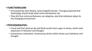 • FUNCTIONALISM
• Formulated by John Dewey, James Angelld Harvey—Chicago proposed that
Psychology should study what mind and behavior do.
• They felt that mind and behavior are adaptive, also that individual adjust to
the changing environment.
• PSYCHOANALYSIS:
• Freud said that what we do and think results from urges or drives, which seek
expression in behavior and thought.
• Unconscious motivation- Unconscious drives which shows up in behavior and
thought.
 
