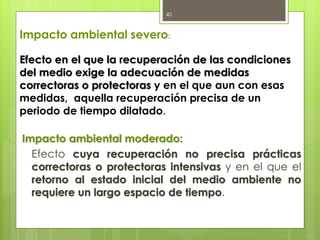 Impacto ambiental severo:
Efecto en el que la recuperación de las condiciones
del medio exige la adecuación de medidas
correctoras o protectoras y en el que aun con esas
medidas, aquella recuperación precisa de un
periodo de tiempo dilatado.
Impacto ambiental moderado:
Efecto cuya recuperación no precisa prácticas
correctoras o protectoras intensivas y en el que el
retorno al estado inicial del medio ambiente no
requiere un largo espacio de tiempo.
40
 