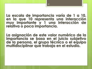 La escala de importancia varía de 1 a 10,
en la que 10 representa una interacción
muy importante y 1 una interacción de
relativa o poca importancia.
La asignación de este valor numérico de la
importancia se basa en el juicio subjetivo
de la persona, el grupo técnico o el equipo
multidisciplinar que trabaja en el estudio.
65
 