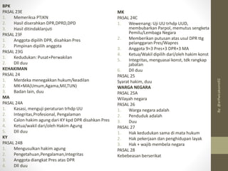 MK
PASAL 24C
1. Wewenang: Uji UU trhdp UUD,
membubarkan Parpol, memutus sengketa
Pemilu/Lembaga Negara
2. Memberikan putusan atas usul DPR ttg
pelanggaran Pres/Wapres
3. Anggota 9=3 Pres+3 DPR+3 MA
4. Ketua/Wakil dipilih dari/oleh hakim konst
5. Integritas, menguasai konst, tdk rangkap
jabatan
6. Dll duu
PASAL 25
Syarat hakim, duu
WARGA NEGARA
PASAL 25A
Wilayah negara
PASAL 26
1. Warga negara adalah
2. Penduduk adalah
3. Duu
PASAL 27
1. Hak kedudukan sama di mata hukum
2. Hak pekerjaan dan penghidupan layak
3. Hak + wajib membela negara
PASAL 28
Kebebeasan berserikat
BPK
PASAL 23E
1. Memeriksa PTJKN
2. Hasil diserahkan DPR,DPRD,DPD
3. Hasil ditindaklanjuti
PASAL 23F
1. Anggota dipilih DPR, disahkan Pres
2. Pimpinan dipilih anggota
PASAL 23G
1. Kedudukan: Pusat+Perwakilan
2. Dll duu
KEHAKIMAN
PASAL 24
1. Merdeka menegakkan hukum/keadilan
2. MK+MA(Umum,Agama,Mil,TUN)
3. Badan lain, duu
MA
PASAL 24A
1. Kasasi, menguji peraturan trhdp UU
2. Integritas,Profesional, Pengalaman
3. Calon hakim agung dari KY kpd DPR disahkan Pres
4. Ketua/wakil dari/oleh Hakim Agung
5. Dll duu
KY
PASAL 24B
1. Mengusulkan hakim agung
2. Pengetahuan,Pengalaman,Integritas
3. Anggota diangkat Pres atas DPR
4. Dll duu
By:
@arifwicaksono92
 