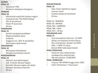 KESEJAHTERAAN
PASAL 34
1. Fakir miskin dipelihara negara
2. Jaminan sosial
3. Fasilitas pelayanan kesehatan
4. Dll duu
---
PASAL 35 : BENDERA
PASAL 36 : BAHASA
PASAL 36A : LAMBANG
PASAL 36B : LAGU
PASAL 36 C : dll duu
PERUBAHAN UUD
PASAL 37
1. Usul amandemen oleh min. 1/3 MPR
2. Setiap usul diajukan tertulis+alasan
3. Dlm amandemen, dihadiri 2/3 MPR
4. 50% + 1 MPR → setuju
5. Bentuk NKRI tidak dapat diubah
PASAL PERALIHAN
1. Peraturan dulu tetap berlaku
2. Lembaga dulu tetap berlaku
3. MK ada sebelum 17/08/2003
PASAL TAMBAHAN
1. Tinjauan TAP MPR/S hingga tahun 2003
2. UUD= Pembukaan + Pasal-pasal
AGAMA
PASAL 29
1. Ketuhanan YME
2. Menjamin kebebasan beragama
HANKAM
PASAL 30
1. WN berhak+wajib dlm hankam negara
2. Sishankamrata: TNI+POLRI+Rakyat
3. TNI → pertahanan
4. POLRI → keamanan
5. Dll duu
PENDIDIKAN
PASAL 31
1. Berhak mendapat pendidikan
2. Wajib pendidikan dasar
3. Sisdiknas
4. Anggaran min. 20% → pendidikan
5. Memajukan Iptek+Imtaq
KEBUDAYAAN
PASAL 32
1. Memajukan kebudayaan
2. Menghormati bahasa daerah
PEREKONOMIAN
PASAL 33
1. Ekonomi asas kekeluargaan
2. Cab. Produksi dikuasai negara
3. Bumi/Air dikuasai negara utk rakyat
4. Berdasar demokrasi ekonomi
5. Dll duu
By:
@arifwicaksono92
 