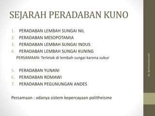 SEJARAH PERADABAN KUNO
1. PERADABAN LEMBAH SUNGAI NIL
2. PERADABAN MESOPOTAMIA
3. PERADABAN LEMBAH SUNGAI INDUS
4. PERADABAN LEMBAH SUNGAI KUNING
PERSAMAAN: Terletak di lembah sungai karena subur
5. PERADABAN YUNANI
6. PERADABAN ROMAWI
7. PERADABAN PEGUNUNGAN ANDES
Persamaan : adanya sistem kepercayaan politheisme
By:
@arifwicaksono92
 