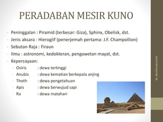 PERADABAN MESIR KUNO
- Peninggalan : Piramid (terbesar: Giza), Sphinx, Obelisk, dst.
- Jenis aksara : Hieroglif (penerjemah pertama: J.F. Champollion)
- Sebutan Raja : Firaun
- Ilmu : astronomi, kedokteran, pengawetan mayat, dst.
- Kepercayaan:
- Osiris : dewa tertinggi
- Anubis : dewa kematian berkepala anjing
- Thoth : dewa pengetahuan
- Apis : dewa berwujud sapi
- Ra : dewa matahari
By:
@arifwicaksono92
 