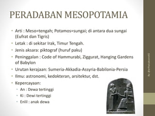 PERADABAN MESOPOTAMIA
• Arti : Meso=tengah; Potamos=sungai; di antara dua sungai
(Eufrat dan Tigris)
• Letak : di sekitar Irak, Timur Tengah.
• Jenis aksara: piktograf (huruf paku)
• Peninggalan : Code of Hammurabi, Ziggurat, Hanging Gardens
of Babylon
• Urutan kerajaan: Sumeria-Akkadia-Assyria-Babilonia-Persia
• Ilmu: astronomi, kedokteran, arsitektur, dst.
• Kepercayaan:
• An : Dewa tertinggi
• Ki : Dewi tertinggi
• Enlil : anak dewa
By:
@arifwicaksono92
 