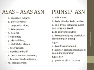 ASAS – ASAS ASN
• a. kepastian hukum;
• b. profesionalitas;
• c. proporsionalitas;
• d. keterpaduan;
• e. delegasi;
• f. netralitas;
• g. akuntabilitas;
• h. efektif dan efisien;
• i. keterbukaan;
• j. nondiskriminatif;
• k. persatuan dan kesatuan;
• l. keadilan dan kesetaraan;
• m. kesejahteraan.
By:
@arifwicaksono92
PRINSIP ASN
a. nilai dasar;
b. kode etik dan kode perilaku;
c. komitmen, integritas moral,
dan tanggung jawab
pada pelayanan publik;
d. kompetensi yang diperlukan
sesuai dengan bidang
tugas;
e. kualifikasi akademik;
f. jaminan perlindungan hukum
dalam melaksanakan
tugas; dan
g. profesionalitas jabatan.
 