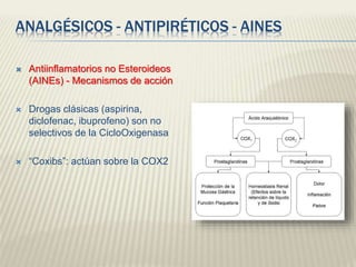 ANALGÉSICOS - ANTIPIRÉTICOS - AINES
 Antiinflamatorios no Esteroideos
(AINEs) - Mecanismos de acción
 Drogas clásicas (aspirina,
diclofenac, ibuprofeno) son no
selectivos de la CicloOxigenasa
 “Coxibs”: actúan sobre la COX2
 