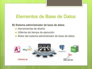Elementos de Base de Datos
B) Sistema administrador de base de datos
 Herramientas de diseño
 Utilerías de tiempo de ejecución
 Motor del sistema administrador de base de datos
 