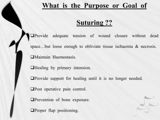 What is the Purpose or Goal of
Suturing ??
Provide adequate tension of wound closure without dead
space…but loose enough to obliviate tissue ischaemia & necrosis.
Maintain Haemostasis.
Healing by primary intension.
Provide support for healing until it is no longer needed.
Post operative pain control.
Prevention of bone exposure.
Proper flap positioning.
 