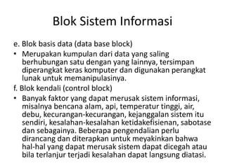 Blok Sistem Informasi
e. Blok basis data (data base block)
• Merupakan kumpulan dari data yang saling
berhubungan satu dengan yang lainnya, tersimpan
diperangkat keras komputer dan digunakan perangkat
lunak untuk memanipulasinya.
f. Blok kendali (control block)
• Banyak faktor yang dapat merusak sistem informasi,
misalnya bencana alam, api, temperatur tinggi, air,
debu, kecurangan-kecurangan, kejanggalan sistem itu
sendiri, kesalahan-kesalahan ketidakefisienan, sabotase
dan sebagainya. Beberapa pengendalian perlu
dirancang dan diterapkan untuk meyakinkan bahwa
hal-hal yang dapat merusak sistem dapat dicegah atau
bila terlanjur terjadi kesalahan dapat langsung diatasi.
 