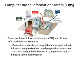 Computer Based Information System (CBIS)
• Computer Based Information System (CBIS) atau Sistem
Informasi Berbasis Komputer
– Merupakan suatu sistem pengolah data menjadi sebuah
informasi yang berkualitas dan dipergunakan untuk suatu
alat bantu pengambilan keputusan yang dikembangkan
berbasis teknologi komputer.
 