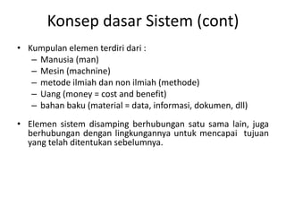 Konsep dasar Sistem (cont)
• Kumpulan elemen terdiri dari :
– Manusia (man)
– Mesin (machnine)
– metode ilmiah dan non ilmiah (methode)
– Uang (money = cost and benefit)
– bahan baku (material = data, informasi, dokumen, dll)
• Elemen sistem disamping berhubungan satu sama lain, juga
berhubungan dengan lingkungannya untuk mencapai tujuan
yang telah ditentukan sebelumnya.
 