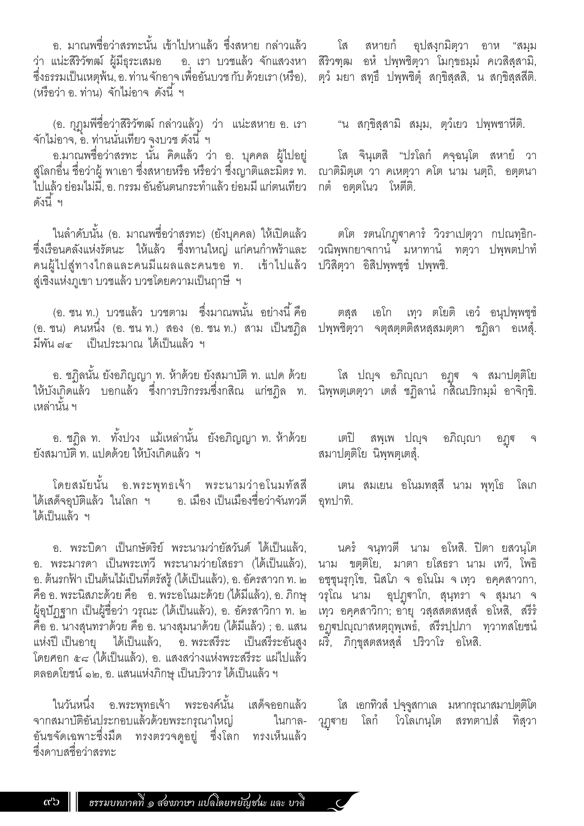 ธรรมบทภาคที่ ๑ สองภาษา แปลโดยพยัญชนะ และ บาลี
96
โส สหายกํ อุปสงฺกมิตฺวา อาห “สมฺม
สิริวฑฺฒ อหํ ปพฺพชิตฺวา โมกฺขธมฺมํ คเวสิสฺสามิ,
ตฺวํ มยา สทฺธึ ปพฺพชิตุํ สกฺขิสฺสสิ, น สกฺขิสฺสสีติ.
“น สกฺขิสฺสามิ สมฺม, ตฺวํเยว ปพฺพชาหีติ.
โส จินฺเตสิ “ปรโลกํ คจฺฉนฺโต สหายํ วา
าติมิตฺเต วา คเหตฺวา คโต นาม นตฺถิ, อตฺตนา
กตํ อตฺตโนว โหตีติ.
ตโต รตนโกฏฺ€าคารํ วิวราเปตฺวา กปณทฺธิก-
วณิพฺพกยาจกานํ มหาทานํ ทตฺวา ปพฺพตปาทํ
ปวิสิตฺวา อิสิปพฺพชฺชํ ปพฺพชิ.
ตสฺส เอโก เทฺว ตโยติ เอวํ อนุปพฺพชฺชํ
ปพฺพชิตฺวา จตุสตฺตติสหสฺสมตฺตา ชฏิลา อเหสุํ.
โส ปฺจ อภิฺา อฏฺ€ จ สมาปตฺติโย
นิพฺพตฺเตตฺวา เตสํ ชฏิลานํ กสิณปริกมฺมํ อาจิกฺขิ.
เตปิ สพฺเพ ปฺจ อภิฺา อฏฺ€ จ
สมาปตฺติโย นิพฺพตฺเตสุํ.
เตน สมเยน อโนมทสฺสี นาม พุทฺโธ โลเก
อุทปาทิ.
นครํ จนฺทวตี นาม อโหสิ. ปิตา ยสวนฺโต
นาม ขตฺติโย, มาตา ยโสธรา นาม เทวี, โพธิ
อชฺชุนรุกฺโข, นิสโภ จ อโนโม จ เทฺว อคฺคสาวกา,
วรุโณ นาม อุปฏฺ€าโก, สุนฺทรา จ สุมนา จ
เทฺว อคฺคสาวิกา; อายุ วสฺสสตสหสฺสํ อโหสิ, สรีรํ
อฏฺ€ปฺาสหตฺถุพฺเพธํ, สรีรปฺปภา ทฺวาทสโยชนํ
ผริ, ภิกฺขุสตสหสฺสํ ปริวาโร อโหสิ.
โส เอกทิวสํ ปจฺจูสกาเล มหากรุณาสมาปตฺติโต
วุฏฺ€าย โลกํ โวโลเกนฺโต สรทตาปสํ ทิสฺวา
อ. มาณพชื่อว่าสรทะนั้น เข้าไปหาแล้ว ซึ่งสหาย กล่าวแล้ว
ว่า แน่ะสิริวัฑฒ์ ผู้มีธุระเสมอ อ. เรา บวชแล้ว จักแสวงหา
ซึ่งธรรมเป็นเหตุพ้น,อ.ท่านจักอาจเพื่ออันบวชกับด้วยเรา(หรือ),
(หรือว่า อ. ท่าน) จักไม่อาจ ดังนี้ ฯ
(อ. กุฎุมพีชื่อว่าสิริวัฑฒ์ กล่าวแล้ว) ว่า แน่ะสหาย อ. เรา
จักไม่อาจ, อ. ท่านนั่นเทียว จงบวช ดังนี้ ฯ
อ.มาณพชื่อว่าสรทะ นั้น คิดแล้ว ว่า อ. บุคคล ผู้ไปอยู่
สู่โลกอื่น ชื่อว่าผู้ พาเอา ซึ่งสหายหรือ หรือว่า ซึ่งญาติและมิตร ท.
ไปแล้ว ย่อมไม่มี, อ. กรรม อันอันตนกระท�ำแล้ว ย่อมมี แก่ตนเทียว
ดังนี้ ฯ
ในล�ำดับนั้น (อ. มาณพชื่อว่าสรทะ) (ยังบุคคล) ให้เปิดแล้ว
ซึ่งเรือนคลังแห่งรัตนะ ให้แล้ว ซึ่งทานใหญ่ แก่คนก�ำพร้าและ
คนผู้ไปสู่ทางไกลและคนมีแผลและคนขอ ท. เข้าไปแล้ว
สู่เชิงแห่งภูเขา บวชแล้ว บวชโดยความเป็นฤาษี ฯ
(อ. ชน ท.) บวชแล้ว บวชตาม ซึ่งมาณพนั้น อย่างนี้คือ
(อ. ชน) คนหนึ่ง (อ. ชน ท.) สอง (อ. ชน ท.) สาม เป็นชฎิล
มีพัน ๗๔ เป็นประมาณ ได้เป็นแล้ว ฯ
อ. ชฎิลนั้น ยังอภิญญา ท. ห้าด้วย ยังสมาบัติ ท. แปด ด้วย
ให้บังเกิดแล้ว บอกแล้ว ซึ่งการบริกรรมซึ่งกสิณ แก่ชฎิล ท.
เหล่านั้น ฯ
อ. ชฎิล ท. ทั้งปวง แม้เหล่านั้น ยังอภิญญา ท. ห้าด้วย
ยังสมาบัติ ท. แปดด้วย ให้บังเกิดแล้ว ฯ
โดยสมัยนั้น อ.พระพุทธเจ้า พระนามว่าอโนมทัสสี
ได้เสด็จอุบัติแล้ว ในโลก ฯ อ. เมือง เป็นเมืองชื่อว่าจันทวดี
ได้เป็นแล้ว ฯ
อ. พระบิดา เป็นกษัตริย์ พระนามว่ายัสวันต์ ได้เป็นแล้ว,
อ. พระมารดา เป็นพระเทวี พระนามว่ายโสธรา (ได้เป็นแล้ว),
อ. ต้นรกฟ
้ า เป็นต้นไม้เป็นที่ตรัสรู้ (ได้เป็นแล้ว), อ. อัครสาวก ท. ๒
คือ อ. พระนิสภะด้วย คือ อ. พระอโนมะด้วย (ได้มีแล้ว), อ. ภิกษุ
ผู้อุปัฏฐาก เป็นผู้ชื่อว่า วรุณะ (ได้เป็นแล้ว), อ. อัครสาวิกา ท. ๒
คือ อ. นางสุนทราด้วย คือ อ. นางสุมนาด้วย (ได้มีแล้ว) ; อ. แสน
แห่งปี เป็นอายุ ได้เป็นแล้ว, อ. พระสรีระ เป็นสรีระอันสูง
โดยศอก ๕๘ (ได้เป็นแล้ว), อ. แสงสว่างแห่งพระสรีระ แผ่ไปแล้ว
ตลอดโยชน์ ๑๒, อ. แสนแห่งภิกษุ เป็นบริวาร ได้เป็นแล้ว ฯ
ในวันหนึ่ง อ.พระพุทธเจ้า พระองค์นั้น เสด็จออกแล้ว
จากสมาบัติอันประกอบแล้วด้วยพระกรุณาใหญ่ ในกาล-
อันขจัดเฉพาะซึ่งมืด ทรงตรวจดูอยู่ ซึ่งโลก ทรงเห็นแล้ว
ซึ่งดาบสชื่อว่าสรทะ
 