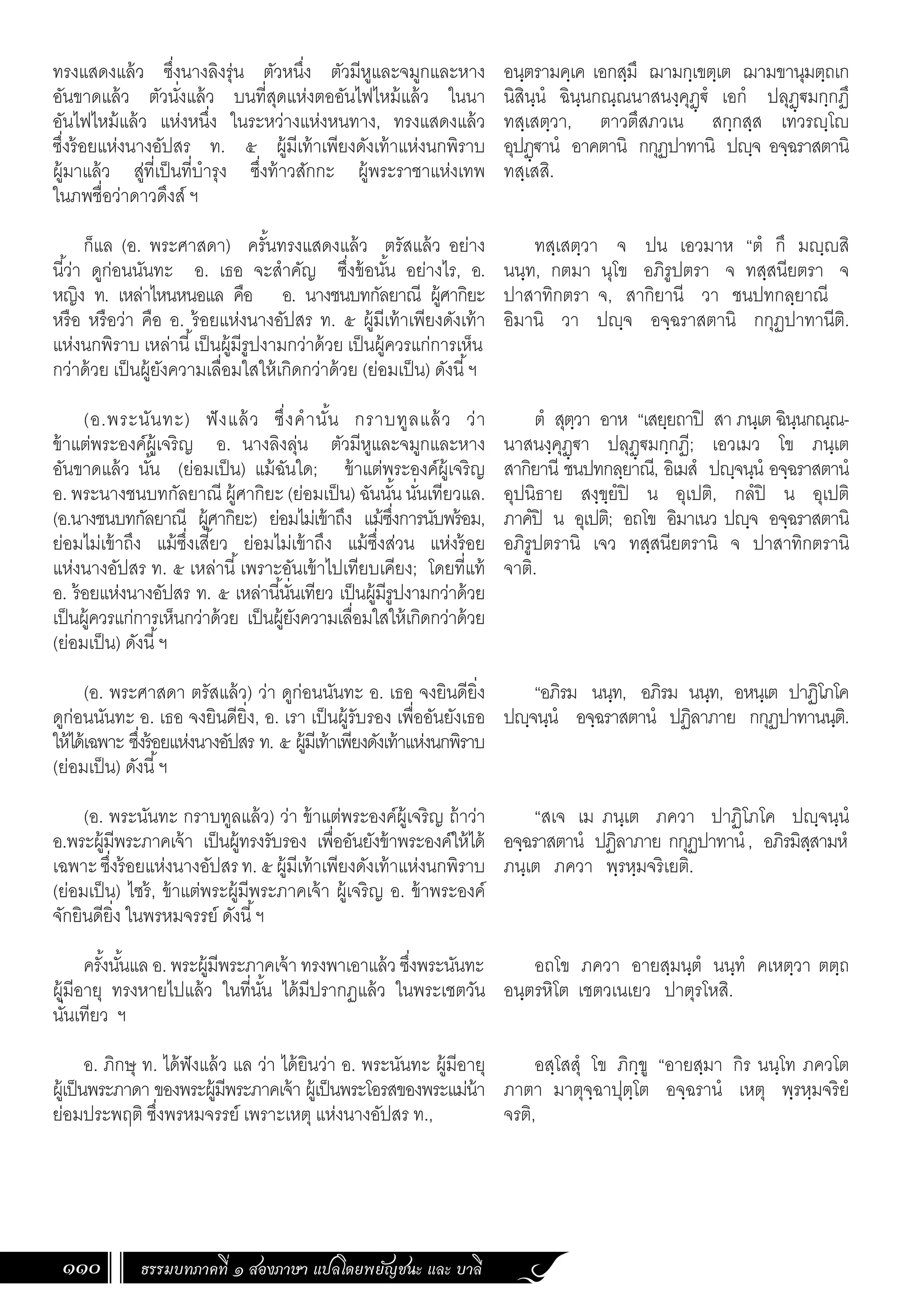 ธรรมบทภาคที่ ๑ สองภาษา แปลโดยพยัญชนะ และ บาลี
110
อนฺตรามคฺเค เอกสฺมึ ฌามกฺเขตฺเต ฌามขานุมตฺถเก
นิสินฺนํ ฉินฺนกณฺณนาสนงฺคุฏฺ€ํ เอกํ ปลุฏฺ€มกฺกฏึ
ทสฺเสตฺวา, ตาวตึสภวเน สกฺกสฺส เทวรฺโ
อุปฏฺ€านํ อาคตานิ กกุฏปาทานิ ปฺจ อจฺฉราสตานิ
ทสฺเสสิ.
ทสฺเสตฺวา จ ปน เอวมาห “ตํ กึ มฺสิ
นนฺท, กตมา นุโข อภิรูปตรา จ ทสฺสนียตรา จ
ปาสาทิกตรา จ, สากิยานี วา ชนปทกลฺยาณี
อิมานิ วา ปฺจ อจฺฉราสตานิ กกุฏปาทานีติ.
ตํ สุตฺวา อาห “เสยฺยถาปิ สา ภนฺเต ฉินฺนกณฺณ-
นาสนงฺคุฏฺ€า ปลุฏฺ€มกฺกฏี; เอวเมว โข ภนฺเต
สากิยานี ชนปทกลฺยาณี, อิเมสํ ปฺจนฺนํ อจฺฉราสตานํ
อุปนิธาย สงฺขฺยํปิ น อุเปติ, กลํปิ น อุเปติ
ภาคํปิ น อุเปติ; อถโข อิมาเนว ปฺจ อจฺฉราสตานิ
อภิรูปตรานิ เจว ทสฺสนียตรานิ จ ปาสาทิกตรานิ
จาติ.
“อภิรม นนฺท, อภิรม นนฺท, อหนฺเต ปาฏิโภโค
ปฺจนฺนํ อจฺฉราสตานํ ปฏิลาภาย กกุฏปาทานนฺติ.
“สเจ เม ภนฺเต ภควา ปาฏิโภโค ปฺจนฺนํ
อจฺฉราสตานํ ปฏิลาภาย กกุฏปาทานํ, อภิรมิสฺสามหํ
ภนฺเต ภควา พฺรหฺมจริเยติ.
อถโข ภควา อายสฺมนฺตํ นนฺทํ คเหตฺวา ตตฺถ
อนฺตรหิโต เชตวเนเยว ปาตุรโหสิ.
อสฺโสสุํ โข ภิกฺขู “อายสฺมา กิร นนฺโท ภควโต
ภาตา มาตุจฺฉาปุตฺโต อจฺฉรานํ เหตุ พฺรหฺมจริยํ
จรติ,
ทรงแสดงแล้ว ซึ่งนางลิงรุ่น ตัวหนึ่ง ตัวมีหูและจมูกและหาง
อันขาดแล้ว ตัวนั่งแล้ว บนที่สุดแห่งตออันไฟไหม้แล้ว ในนา
อันไฟไหม้แล้ว แห่งหนึ่ง ในระหว่างแห่งหนทาง, ทรงแสดงแล้ว
ซึ่งร้อยแห่งนางอัปสร ท. ๕ ผู้มีเท้าเพียงดังเท้าแห่งนกพิราบ
ผู้มาแล้ว สู่ที่เป็นที่บ�ำรุง ซึ่งท้าวสักกะ ผู้พระราชาแห่งเทพ
ในภพชื่อว่าดาวดึงส์ ฯ
ก็แล (อ. พระศาสดา) ครั้นทรงแสดงแล้ว ตรัสแล้ว อย่าง
นี้ว่า ดูก่อนนันทะ อ. เธอ จะส�ำคัญ ซึ่งข้อนั้น อย่างไร, อ.
หญิง ท. เหล่าไหนหนอแล คือ อ. นางชนบทกัลยาณี ผู้ศากิยะ
หรือ หรือว่า คือ อ. ร้อยแห่งนางอัปสร ท. ๕ ผู้มีเท้าเพียงดังเท้า
แห่งนกพิราบ เหล่านี้เป็นผู้มีรูปงามกว่าด้วย เป็นผู้ควรแก่การเห็น
กว่าด้วย เป็นผู้ยังความเลื่อมใสให้เกิดกว่าด้วย (ย่อมเป็น) ดังนี้ฯ
(อ.พระนันทะ) ฟังแล้ว ซึ่งค�ำนั้น กราบทูลแล้ว ว่า
ข้าแต่พระองค์ผู้เจริญ อ. นางลิงลุ่น ตัวมีหูและจมูกและหาง
อันขาดแล้ว นั้น (ย่อมเป็น) แม้ฉันใด; ข้าแต่พระองค์ผู้เจริญ
อ. พระนางชนบทกัลยาณี ผู้ศากิยะ (ย่อมเป็น) ฉันนั้น นั่นเทียวแล.
(อ.นางชนบทกัลยาณี ผู้ศากิยะ) ย่อมไม่เข้าถึง แม้ซึ่งการนับพร้อม,
ย่อมไม่เข้าถึง แม้ซึ่งเสี้ยว ย่อมไม่เข้าถึง แม้ซึ่งส่วน แห่งร้อย
แห่งนางอัปสร ท. ๕ เหล่านี้เพราะอันเข้าไปเทียบเคียง; โดยที่แท้
อ. ร้อยแห่งนางอัปสร ท. ๕ เหล่านี้นั่นเทียว เป็นผู้มีรูปงามกว่าด้วย
เป็นผู้ควรแก่การเห็นกว่าด้วย เป็นผู้ยังความเลื่อมใสให้เกิดกว่าด้วย
(ย่อมเป็น) ดังนี้ฯ
(อ. พระศาสดา ตรัสแล้ว) ว่า ดูก่อนนันทะ อ. เธอ จงยินดียิ่ง
ดูก่อนนันทะ อ. เธอ จงยินดียิ่ง, อ. เรา เป็นผู้รับรอง เพื่ออันยังเธอ
ให้ได้เฉพาะ ซึ่งร้อยแห่งนางอัปสร ท. ๕ ผู้มีเท้าเพียงดังเท้าแห่งนกพิราบ
(ย่อมเป็น) ดังนี้ฯ
(อ. พระนันทะ กราบทูลแล้ว) ว่า ข้าแต่พระองค์ผู้เจริญ ถ้าว่า
อ.พระผู้มีพระภาคเจ้า เป็นผู้ทรงรับรอง เพื่ออันยังข้าพระองค์ให้ได้
เฉพาะซึ่งร้อยแห่งนางอัปสรท.๕ผู้มีเท้าเพียงดังเท้าแห่งนกพิราบ
(ย่อมเป็น) ไซร้, ข้าแต่พระผู้มีพระภาคเจ้า ผู้เจริญ อ. ข้าพระองค์
จักยินดียิ่ง ในพรหมจรรย์ ดังนี้ฯ
ครั้งนั้นแล อ. พระผู้มีพระภาคเจ้า ทรงพาเอาแล้ว ซึ่งพระนันทะ
ผู้มีอายุ ทรงหายไปแล้ว ในที่นั้น ได้มีปรากฏแล้ว ในพระเชตวัน
นั่นเทียว ฯ
อ. ภิกษุ ท. ได้ฟังแล้ว แล ว่า ได้ยินว่า อ. พระนันทะ ผู้มีอายุ
ผู้เป็นพระภาดา ของพระผู้มีพระภาคเจ้า ผู้เป็นพระโอรสของพระแม่น้า
ย่อมประพฤติ ซึ่งพรหมจรรย์ เพราะเหตุ แห่งนางอัปสร ท.,
 