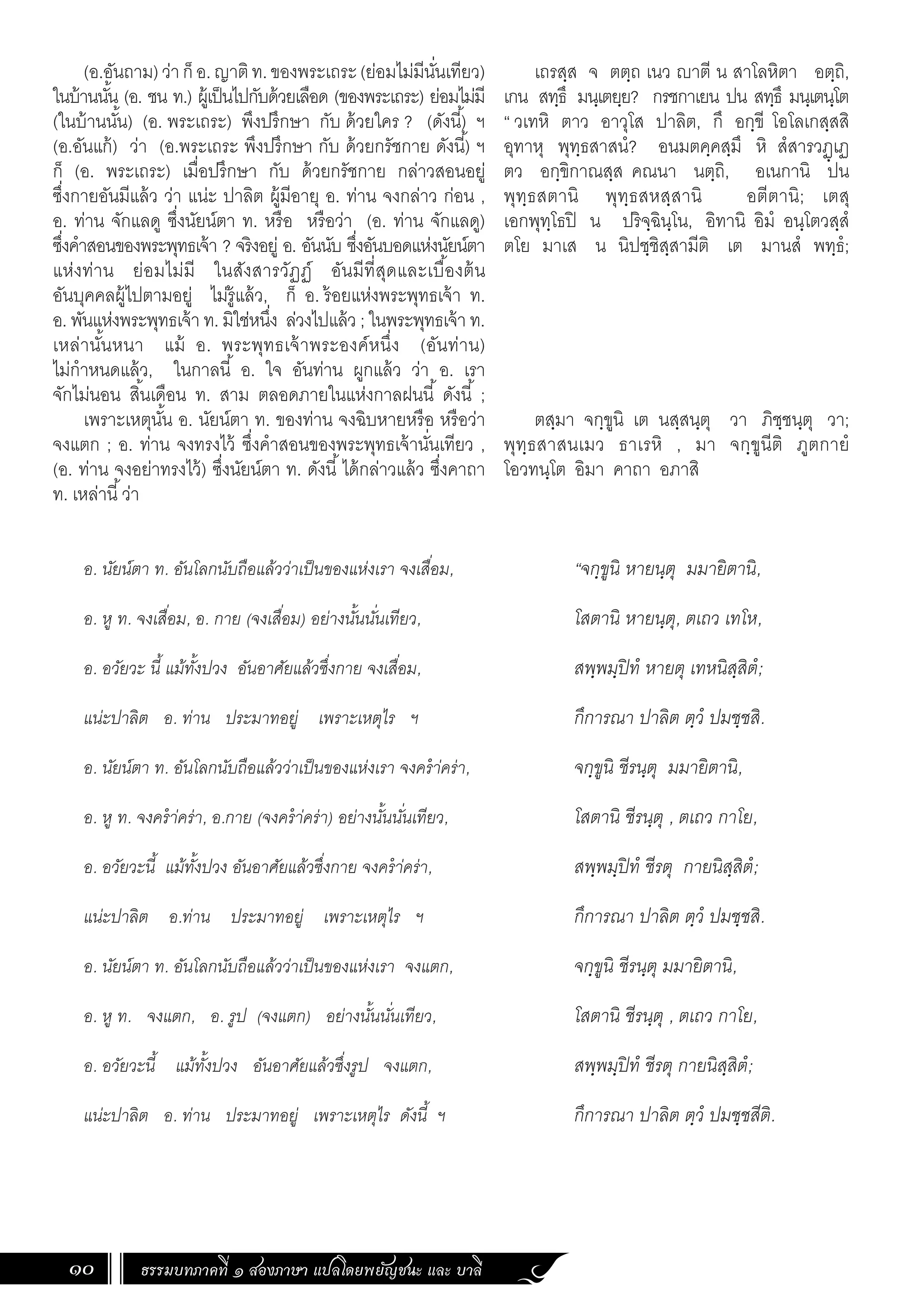ธรรมบทภาคที่ ๑ สองภาษา แปลโดยพยัญชนะ และ บาลี
10
เถรสฺส จ ตตฺถ เนว ญาตี น สาโลหิตา อตฺถิ,
เกน สทฺธึ มนฺเตยฺย? กรชกาเยน ปน สทฺธึ มนฺเตนฺโต
“ วเทหิ ตาว อาวุโส ปาลิต, กึ อกฺขี โอโลเกสฺสสิ
อุทาหุ พุทฺธสาสนํ? อนมตคฺคสฺมึ หิ สํสารวฏฺเฏ
ตว อกฺขิกาณสฺส คณนา นตฺถิ, อเนกานิ ปน
พุทฺธสตานิ พุทฺธสหสฺสานิ อตีตานิ; เตสุ
เอกพุทฺโธปิ น ปริจฺฉินฺโน, อิทานิ อิมํ อนฺโตวสฺสํ
ตโย มาเส น นิปชฺชิสฺสามีติ เต มานสํ พทฺธํ;
ตสฺมา จกฺขูนิ เต นสฺสนฺตุ วา ภิชฺชนฺตุ วา;
พุทฺธสาสนเมว ธาเรหิ , มา จกฺขูนีติ ภูตกายํ
โอวทนฺโต อิมา คาถา อภาสิ
“จกฺขูนิ หายนฺตุ มมายิตานิ,
โสตานิ หายนฺตุ, ตเถว เทโห,
สพฺพมฺปิทํ หายตุ เทหนิสฺสิตํ;
กึการณา ปาลิต ตฺวํ ปมชฺชสิ.
จกฺขูนิ ชีรนฺตุ มมายิตานิ,
โสตานิ ชีรนฺตุ , ตเถว กาโย,
สพฺพมฺปิทํ ชีรตุ กายนิสฺสิตํ;
กึการณา ปาลิต ตฺวํ ปมชฺชสิ.
จกฺขูนิ ชีรนฺตุ มมายิตานิ,
โสตานิ ชีรนฺตุ , ตเถว กาโย,
สพฺพมฺปิทํ ชีรตุ กายนิสฺสิตํ;
กึการณา ปาลิต ตฺวํ ปมชฺชสีติ.
(อ.อันถาม)ว่าก็อ.ญาติท.ของพระเถระ(ย่อมไม่มีนั่นเทียว)
ในบ้านนั้น (อ. ชน ท.) ผู้เป็นไปกับด้วยเลือด (ของพระเถระ) ย่อมไม่มี
(ในบ้านนั้น) (อ. พระเถระ) พึงปรึกษา กับ ด้วยใคร ? (ดังนี้) ฯ
(อ.อันแก้) ว่า (อ.พระเถระ พึงปรึกษา กับ ด้วยกรัชกาย ดังนี้) ฯ
ก็ (อ. พระเถระ) เมื่อปรึกษา กับ ด้วยกรัชกาย กล่าวสอนอยู่
ซึ่งกายอันมีแล้ว ว่า แน่ะ ปาลิต ผู้มีอายุ อ. ท่าน จงกล่าว ก่อน ,
อ. ท่าน จักแลดู ซึ่งนัยน์ตา ท. หรือ หรือว่า (อ. ท่าน จักแลดู)
ซึ่งค�ำสอนของพระพุทธเจ้า ? จริงอยู่ อ. อันนับ ซึ่งอันบอดแห่งนัยน์ตา
แห่งท่าน ย่อมไม่มี ในสังสารวัฏฏ์ อันมีที่สุดและเบื้องต้น
อันบุคคลผู้ไปตามอยู่ ไม่รู้แล้ว, ก็ อ. ร้อยแห่งพระพุทธเจ้า ท.
อ. พันแห่งพระพุทธเจ้า ท. มิใช่หนึ่ง ล่วงไปแล้ว ; ในพระพุทธเจ้า ท.
เหล่านั้นหนา แม้ อ. พระพุทธเจ้าพระองค์หนึ่ง (อันท่าน)
ไม่ก�ำหนดแล้ว, ในกาลนี้ อ. ใจ อันท่าน ผูกแล้ว ว่า อ. เรา
จักไม่นอน สิ้นเดือน ท. สาม ตลอดภายในแห่งกาลฝนนี้ ดังนี้ ;
เพราะเหตุนั้น อ. นัยน์ตา ท. ของท่าน จงฉิบหายหรือ หรือว่า
จงแตก ; อ. ท่าน จงทรงไว้ ซึ่งค�ำสอนของพระพุทธเจ้านั่นเทียว ,
(อ. ท่าน จงอย่าทรงไว้) ซึ่งนัยน์ตา ท. ดังนี้ได้กล่าวแล้ว ซึ่งคาถา
ท. เหล่านี้ว่า
อ. นัยน์ตา ท. อันโลกนับถือแล้วว่าเป็นของแห่งเรา จงเสื่อม,
อ. หู ท. จงเสื่อม, อ. กาย (จงเสื่อม) อย่างนั้นนั่นเทียว,
อ. อวัยวะ นี้ แม้ทั้งปวง อันอาศัยแล้วซึ่งกาย จงเสื่อม,
แน่ะปาลิต อ. ท่าน ประมาทอยู่ เพราะเหตุไร ฯ
อ. นัยน์ตา ท. อันโลกนับถือแล้วว่าเป็นของแห่งเรา จงคร�ำ่คร่า,
อ. หู ท. จงคร�ำ่คร่า, อ.กาย (จงคร�ำ่คร่า) อย่างนั้นนั่นเทียว,
อ. อวัยวะนี้ แม้ทั้งปวง อันอาศัยแล้วซึ่งกาย จงคร�ำ่คร่า,
แน่ะปาลิต อ.ท่าน ประมาทอยู่ เพราะเหตุไร ฯ
อ. นัยน์ตา ท. อันโลกนับถือแล้วว่าเป็นของแห่งเรา จงแตก,
อ. หู ท. จงแตก, อ. รูป (จงแตก) อย่างนั้นนั่นเทียว,
อ. อวัยวะนี้ แม้ทั้งปวง อันอาศัยแล้วซึ่งรูป จงแตก,
แน่ะปาลิต อ. ท่าน ประมาทอยู่ เพราะเหตุไร ดังนี้ ฯ
 