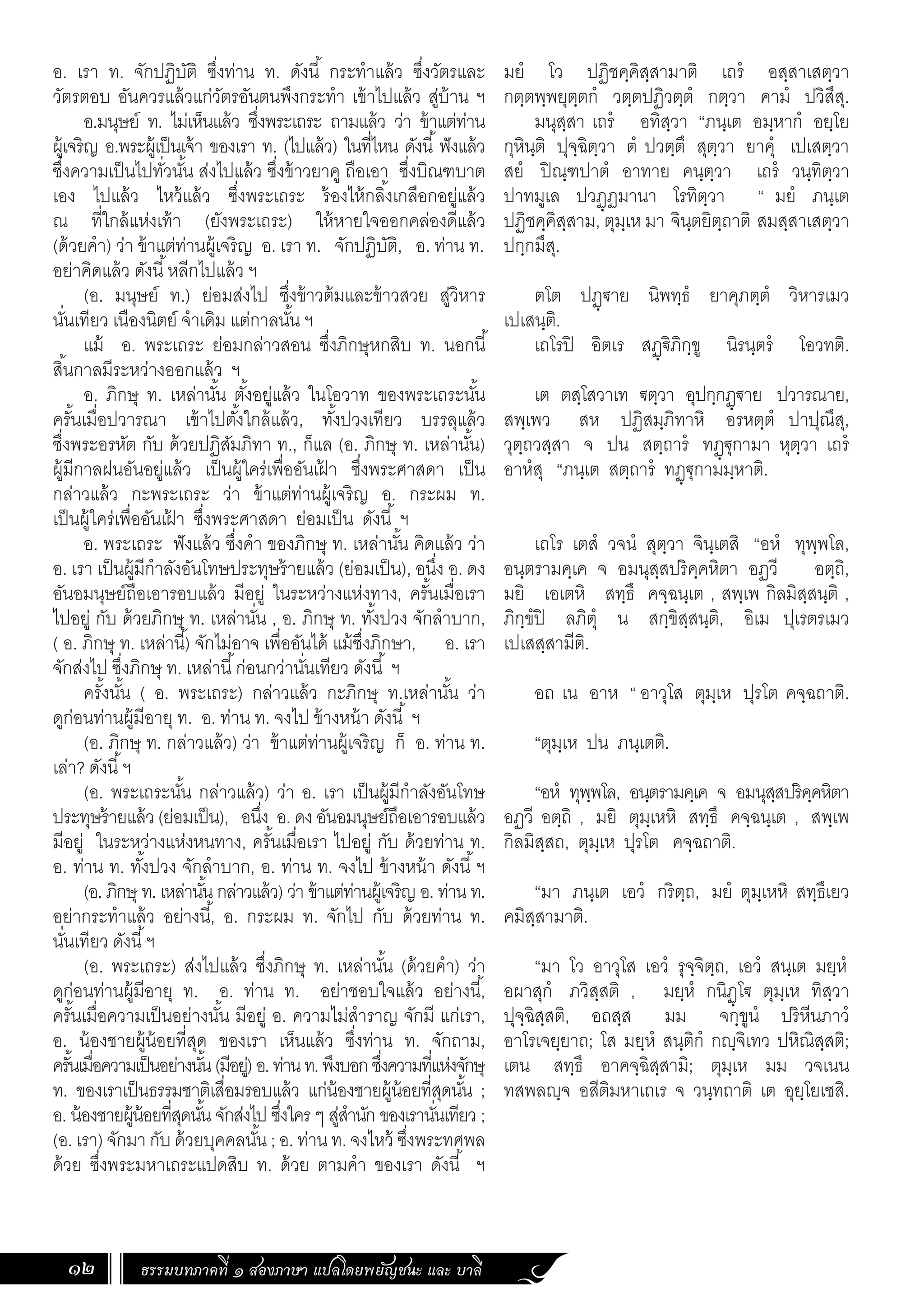 ธรรมบทภาคที่ ๑ สองภาษา แปลโดยพยัญชนะ และ บาลี
12
มยํ โว ปฏิชคฺคิสฺสามาติ เถรํ อสฺสาเสตฺวา
กตฺตพฺพยุตฺตกํ วตฺตปฏิวตฺตํ กตฺวา คามํ ปวิสึสุ.
มนุสฺสา เถรํ อทิสฺวา “ภนฺเต อมฺหากํ อยฺโย
กุหินฺติ ปุจฺฉิตฺวา ตํ ปวตฺตึ สุตฺวา ยาคุํ เปเสตฺวา
สยํ ปิณฺฑปาตํ อาทาย คนฺตฺวา เถรํ วนฺทิตฺวา
ปาทมูเล ปวฏฺฏมานา โรทิตฺวา “ มยํ ภนฺเต
ปฏิชคฺคิสฺสาม, ตุมฺเห มา จินฺตยิตฺถาติ สมสฺสาเสตฺวา
ปกฺกมึสุ.
ตโต ปฏฺ€าย นิพทฺธํ ยาคุภตฺตํ วิหารเมว
เปเสนฺติ.
เถโรปิ อิตเร สฏฺ€ิภิกฺขู นิรนฺตรํ โอวทติ.
เต ตสฺโสวาเท €ตฺวา อุปกฺกฏฺ€าย ปวารณาย,
สพฺเพว สห ปฏิสมฺภิทาหิ อรหตฺตํ ปาปุณึสุ,
วุตฺถวสฺสา จ ปน สตฺถารํ ทฏฺ€ุกามา หุตฺวา เถรํ
อาหํสุ “ภนฺเต สตฺถารํ ทฏฺ€ุกามมฺหาติ.
เถโร เตสํ วจนํ สุตฺวา จินฺเตสิ “อหํ ทุพฺพโล,
อนฺตรามคฺเค จ อมนุสฺสปริคฺคหิตา อฏวี อตฺถิ,
มยิ เอเตหิ สทฺธึ คจฺฉนฺเต , สพฺเพ กิลมิสฺสนฺติ ,
ภิกฺขํปิ ลภิตุํ น สกฺขิสฺสนฺติ, อิเม ปุเรตรเมว
เปเสสฺสามีติ.
อถ เน อาห “ อาวุโส ตุมฺเห ปุรโต คจฺฉถาติ.
“ตุมฺเห ปน ภนฺเตติ.
“อหํ ทุพฺพโล, อนฺตรามคฺเค จ อมนุสฺสปริคฺคหิตา
อฏวี อตฺถิ , มยิ ตุมฺเหหิ สทฺธึ คจฺฉนฺเต , สพฺเพ
กิลมิสฺสถ, ตุมฺเห ปุรโต คจฺฉถาติ.
“มา ภนฺเต เอวํ กริตฺถ, มยํ ตุมฺเหหิ สทฺธึเยว
คมิสฺสามาติ.
“มา โว อาวุโส เอวํ รุจฺจิตฺถ, เอวํ สนฺเต มยฺหํ
อผาสุกํ ภวิสฺสติ , มยฺหํ กนิฏฺโ€ ตุมฺเห ทิสฺวา
ปุจฺฉิสฺสติ, อถสฺส มม จกฺขูนํ ปริหีนภาวํ
อาโรเจยฺยาถ; โส มยฺหํ สนฺติกํ กญฺจิเทว ปหิณิสฺสติ;
เตน สทฺธึ อาคจฺฉิสฺสามิ; ตุมฺเห มม วจเนน
ทสพลญฺจ อสีติมหาเถเร จ วนฺทถาติ เต อุยฺโยเชสิ.
อ. เรา ท. จักปฏิบัติ ซึ่งท่าน ท. ดังนี้ กระท�ำแล้ว ซึ่งวัตรและ
วัตรตอบ อันควรแล้วแก่วัตรอันตนพึงกระท�ำ เข้าไปแล้ว สู่บ้าน ฯ
อ.มนุษย์ ท. ไม่เห็นแล้ว ซึ่งพระเถระ ถามแล้ว ว่า ข้าแต่ท่าน
ผู้เจริญ อ.พระผู้เป็นเจ้า ของเรา ท. (ไปแล้ว) ในที่ไหน ดังนี้ฟังแล้ว
ซึ่งความเป็นไปทั่วนั้น ส่งไปแล้ว ซึ่งข้าวยาคู ถือเอา ซึ่งบิณฑบาต
เอง ไปแล้ว ไหว้แล้ว ซึ่งพระเถระ ร้องไห้กลิ้งเกลือกอยู่แล้ว
ณ ที่ใกล้แห่งเท้า (ยังพระเถระ) ให้หายใจออกคล่องดีแล้ว
(ด้วยค�ำ) ว่า ข้าแต่ท่านผู้เจริญ อ. เรา ท. จักปฏิบัติ, อ. ท่าน ท.
อย่าคิดแล้ว ดังนี้หลีกไปแล้ว ฯ
(อ. มนุษย์ ท.) ย่อมส่งไป ซึ่งข้าวต้มและข้าวสวย สู่วิหาร
นั่นเทียว เนืองนิตย์ จ�ำเดิม แต่กาลนั้น ฯ
แม้ อ. พระเถระ ย่อมกล่าวสอน ซึ่งภิกษุหกสิบ ท. นอกนี้
สิ้นกาลมีระหว่างออกแล้ว ฯ
อ. ภิกษุ ท. เหล่านั้น ตั้งอยู่แล้ว ในโอวาท ของพระเถระนั้น
ครั้นเมื่อปวารณา เข้าไปตั้งใกล้แล้ว, ทั้งปวงเทียว บรรลุแล้ว
ซึ่งพระอรหัต กับ ด้วยปฏิสัมภิทา ท., ก็แล (อ. ภิกษุ ท. เหล่านั้น)
ผู้มีกาลฝนอันอยู่แล้ว เป็นผู้ใคร่เพื่ออันเฝ
้ า ซึ่งพระศาสดา เป็น
กล่าวแล้ว กะพระเถระ ว่า ข้าแต่ท่านผู้เจริญ อ. กระผม ท.
เป็นผู้ใคร่เพื่ออันเฝ
้ า ซึ่งพระศาสดา ย่อมเป็น ดังนี้ ฯ
อ. พระเถระ ฟังแล้ว ซึ่งค�ำ ของภิกษุ ท. เหล่านั้น คิดแล้ว ว่า
อ. เรา เป็นผู้มีก�ำลังอันโทษประทุษร้ายแล้ว (ย่อมเป็น), อนึ่ง อ. ดง
อันอมนุษย์ถือเอารอบแล้ว มีอยู่ ในระหว่างแห่งทาง, ครั้นเมื่อเรา
ไปอยู่ กับ ด้วยภิกษุ ท. เหล่านั่น , อ. ภิกษุ ท. ทั้งปวง จักล�ำบาก,
( อ. ภิกษุ ท. เหล่านี้) จักไม่อาจ เพื่ออันได้ แม้ซึ่งภิกษา, อ. เรา
จักส่งไป ซึ่งภิกษุ ท. เหล่านี้ก่อนกว่านั่นเทียว ดังนี้ ฯ
ครั้งนั้น ( อ. พระเถระ) กล่าวแล้ว กะภิกษุ ท.เหล่านั้น ว่า
ดูก่อนท่านผู้มีอายุ ท. อ. ท่าน ท. จงไป ข้างหน้า ดังนี้ ฯ
(อ. ภิกษุ ท. กล่าวแล้ว) ว่า ข้าแต่ท่านผู้เจริญ ก็ อ. ท่าน ท.
เล่า? ดังนี้ฯ
(อ. พระเถระนั้น กล่าวแล้ว) ว่า อ. เรา เป็นผู้มีก�ำลังอันโทษ
ประทุษร้ายแล้ว (ย่อมเป็น), อนึ่ง อ. ดง อันอมนุษย์ถือเอารอบแล้ว
มีอยู่ ในระหว่างแห่งหนทาง, ครั้นเมื่อเรา ไปอยู่ กับ ด้วยท่าน ท.
อ. ท่าน ท. ทั้งปวง จักล�ำบาก, อ. ท่าน ท. จงไป ข้างหน้า ดังนี้ฯ
(อ. ภิกษุ ท. เหล่านั้น กล่าวแล้ว) ว่า ข้าแต่ท่านผู้เจริญ อ. ท่าน ท.
อย่ากระท�ำแล้ว อย่างนี้, อ. กระผม ท. จักไป กับ ด้วยท่าน ท.
นั่นเทียว ดังนี้ฯ
(อ. พระเถระ) ส่งไปแล้ว ซึ่งภิกษุ ท. เหล่านั้น (ด้วยค�ำ) ว่า
ดูก่อนท่านผู้มีอายุ ท. อ. ท่าน ท. อย่าชอบใจแล้ว อย่างนี้,
ครั้นเมื่อความเป็นอย่างนั้น มีอยู่ อ. ความไม่ส�ำราญ จักมี แก่เรา,
อ. น้องชายผู้น้อยที่สุด ของเรา เห็นแล้ว ซึ่งท่าน ท. จักถาม,
ครั้นเมื่อความเป็นอย่างนั้น(มีอยู่)อ.ท่านท.พึงบอกซึ่งความที่แห่งจักษุ
ท. ของเราเป็นธรรมชาติเสื่อมรอบแล้ว แก่น้องชายผู้น้อยที่สุดนั้น ;
อ. น้องชายผู้น้อยที่สุดนั้น จักส่งไป ซึ่งใคร ๆ สู่ส�ำนัก ของเรานั่นเทียว ;
(อ. เรา) จักมา กับ ด้วยบุคคลนั้น ; อ. ท่าน ท. จงไหว้ ซึ่งพระทศพล
ด้วย ซึ่งพระมหาเถระแปดสิบ ท. ด้วย ตามค�ำ ของเรา ดังนี้ ฯ
 