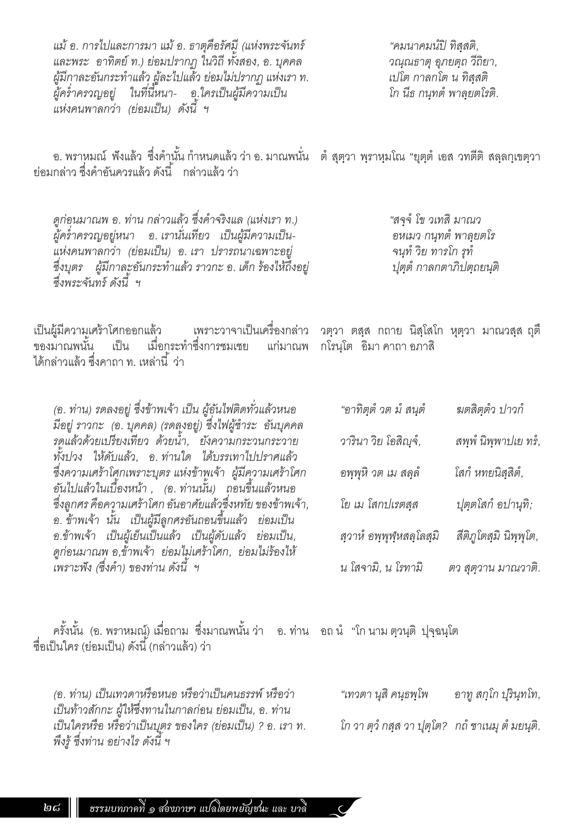 ธรรมบทภาคที่ ๑ สองภาษา แปลโดยพยัญชนะ และ บาลี
28
“คมนาคมนํปิ ทิสฺสติ,
วณฺณธาตุ อุภยตฺถ วีถิยา,
เปโต กาลกโต น ทิสฺสติ
โก นีธ กนฺทตํ พาลฺยตโรติ.
ตํ สุตฺวา พฺราหฺมโณ “ยุตฺตํ เอส วทตีติ สลฺลกฺเขตฺวา
“สจฺจํ โข วเทสิ มาณว
อหเมว กนฺทตํ พาลฺยตโร
จนฺทํ วิย ทารโก รุทํ
ปุตฺตํ กาลกตาภิปตฺถยนฺติ
วตฺวา ตสฺส กถาย นิสฺโสโก หุตฺวา มาณวสฺส ถุตึ
กโรนฺโต อิมา คาถา อภาสิ
“อาทิตฺตํ วต มํ สนฺตํ ฆตสิตฺตํว ปาวกํ
วารินา วิย โอสิฺจํ, สพฺพํ นิพฺพาปเย ทรํ,
อพฺพุหิ วต เม สลฺลํ โสกํ หทยนิสฺสิตํ,
โย เม โสกปเรตสฺส ปุตฺตโสกํ อปานุทิ;
สฺวาหํ อพฺพุฬฺหสลฺโลสฺมิ สีติภูโตสฺมิ นิพฺพุโต,
น โสจามิ, น โรทามิ ตว สุตฺวาน มาณวาติ.
อถ นํ “โก นาม ตฺวนฺติ ปุจฺฉนฺโต
“เทวตา นุสิ คนฺธพฺโพ อาทู สกฺโก ปุรินฺทโท,
โก วา ตฺวํ กสฺส วา ปุตฺโต? กถํ ชาเนมุ ตํ มยนฺติ.
แม้ อ. การไปและการมา แม้ อ. ธาตุคือรัศมี (แห่งพระจันทร์
และพระ อาทิตย์ ท.) ย่อมปรากฏ ในวิถี ทั้งสอง, อ. บุคคล
ผู้มีกาละอันกระท�ำแล้ว ผู้ละไปแล้ว ย่อมไม่ปรากฏ แห่งเรา ท.
ผู้คร�่ำครวญอยู่ ในที่นี้หนา- อ.ใครเป็นผู้มีความเป็น
แห่งคนพาลกว่า (ย่อมเป็น) ดังนี้ ฯ
อ. พราหมณ์ ฟังแล้ว ซึ่งค�ำนั้น ก�ำหนดแล้ว ว่า อ. มาณพนั่น
ย่อมกล่าว ซึ่งค�ำอันควรแล้ว ดังนี้ กล่าวแล้ว ว่า
ดูก่อนมาณพ อ. ท่าน กล่าวแล้ว ซึ่งค�ำจริงแล (แห่งเรา ท.)
ผู้คร�่ำครวญอยู่หนา อ. เรานั่นเทียว เป็นผู้มีความเป็น-
แห่งคนพาลกว่า (ย่อมเป็น) อ. เรา ปรารถนาเฉพาะอยู่
ซึ่งบุตร ผู้มีกาละอันกระท�ำแล้ว ราวกะ อ. เด็ก ร้องไห้ถึงอยู่
ซึ่งพระจันทร์ ดังนี้ ฯ
เป็นผู้มีความเศร้าโศกออกแล้ว เพราะวาจาเป็นเครื่องกล่าว
ของมาณพนั้น เป็น เมื่อกระท�ำซึ่งการชมเชย แก่มาณพ
ได้กล่าวแล้ว ซึ่งคาถา ท. เหล่านี้ ว่า
(อ. ท่าน) รดลงอยู่ ซึ่งข้าพเจ้า เป็น ผู้อันไฟติดทั่วแล้วหนอ
มีอยู่ ราวกะ (อ. บุคคล) (รดลงอยู่) ซึ่งไฟผู้ช�ำระ อันบุคคล
รดแล้วด้วยเปรียงเทียว ด้วยน�้ำ, ยังความกระวนกระวาย
ทั้งปวง ให้ดับแล้ว, อ. ท่านใด ได้บรรเทาไปปราศแล้ว
ซึ่งความเศร้าโศกเพราะบุตร แห่งข้าพเจ้า ผู้มีความเศร้าโศก
อันไปแล้วในเบื้องหน้า , (อ. ท่านนั้น) ถอนขึ้นแล้วหนอ
ซึ่งลูกศรคือความเศร้าโศกอันอาศัยแล้วซึ่งหทัยของข้าพเจ้า,
อ. ข้าพเจ้า นั้น เป็นผู้มีลูกศรอันถอนขึ้นแล้ว ย่อมเป็น
อ.ข้าพเจ้า เป็นผู้เย็นเป็นแล้ว เป็นผู้ดับแล้ว ย่อมเป็น,
ดูก่อนมาณพ อ,ข้าพเจ้า ย่อมไม่เศร้าโศก, ย่อมไม่ร้องไห้
เพราะฟัง (ซึ่งค�ำ) ของท่าน ดังนี้ ฯ
ครั้งนั้น (อ. พราหมณ์) เมื่อถาม ซึ่งมาณพนั้น ว่า อ. ท่าน
ซื่อเป็นใคร (ย่อมเป็น) ดังนี้(กล่าวแล้ว) ว่า
(อ. ท่าน) เป็นเทวดาหรือหนอ หรือว่าเป็นคนธรรพ์ หรือว่า
เป็นท้าวสักกะ ผู้ให้ซึ่งทานในกาลก่อน ย่อมเป็น, อ. ท่าน
เป็นใครหรือ หรือว่าเป็นบุตร ของใคร (ย่อมเป็น) ? อ. เรา ท.
พึงรู้ ซึ่งท่าน อย่างไร ดังนี้ ฯ
 