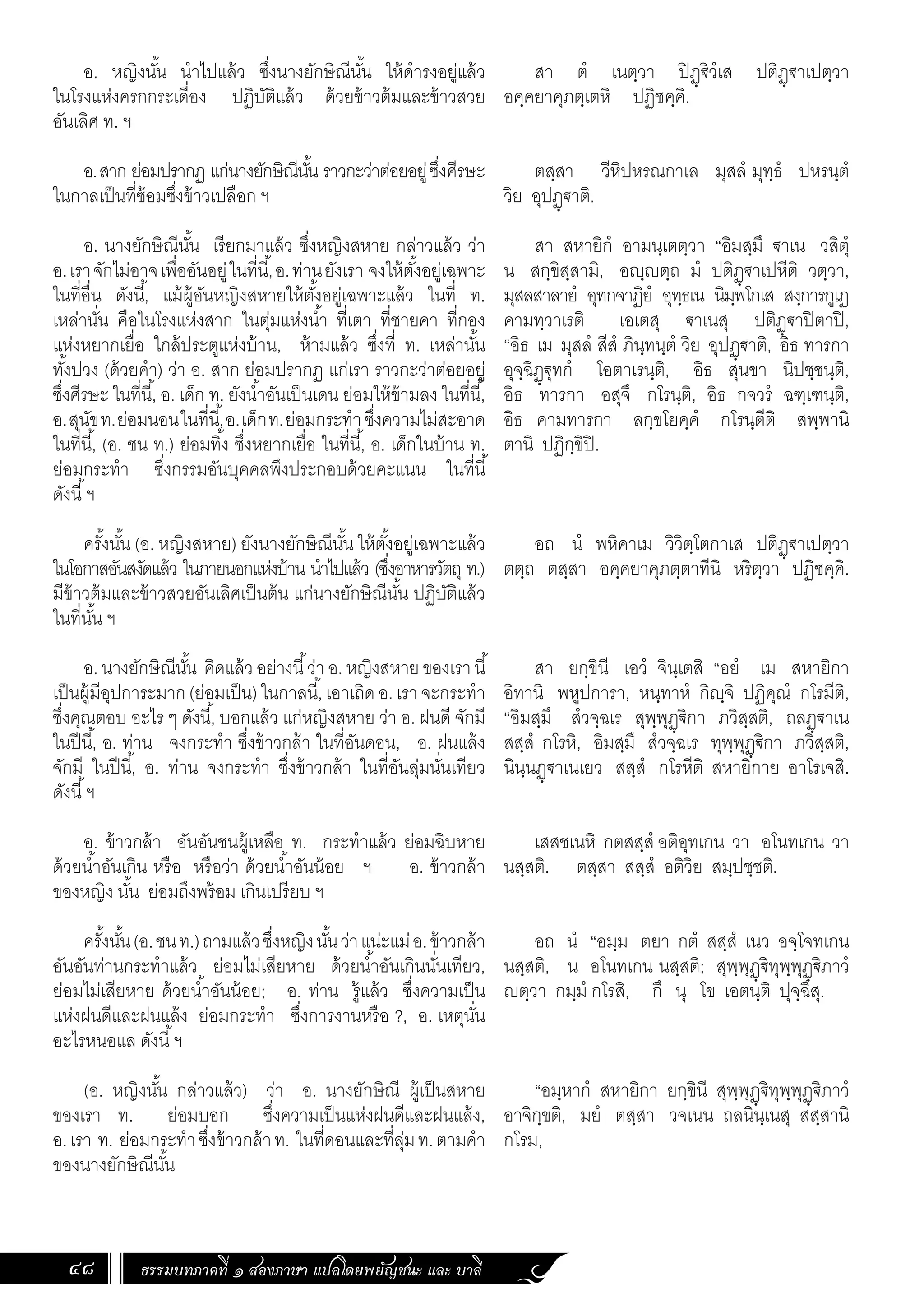 ธรรมบทภาคที่ ๑ สองภาษา แปลโดยพยัญชนะ และ บาลี
48
สา ตํ เนตฺวา ปิฏฺ€ิวํเส ปติฏฺ€าเปตฺวา
อคฺคยาคุภตฺเตหิ ปฏิชคฺคิ.
ตสฺสา วีหิปหรณกาเล มุสลํ มุทฺธํ ปหรนฺตํ
วิย อุปฏฺ€าติ.
สา สหายิกํ อามนฺเตตฺวา “อิมสฺมึ €าเน วสิตุํ
น สกฺขิสฺสามิ, อฺตฺถ มํ ปติฏฺ€าเปหีติ วตฺวา,
มุสลสาลายํ อุทกจาฏิยํ อุทฺธเน นิมฺพโกเส สงฺการกูเฏ
คามทฺวาเรติ เอเตสุ €าเนสุ ปติฏฺ€าปิตาปิ,
“อิธ เม มุสลํ สีสํ ภินฺทนฺตํ วิย อุปฏฺ€าติ, อิธ ทารกา
อุจฺฉิฏฺ€ุทกํ โอตาเรนฺติ, อิธ สุนขา นิปชฺชนฺติ,
อิธ ทารกา อสุจึ กโรนฺติ, อิธ กจวรํ ฉฑฺเฑนฺติ,
อิธ คามทารกา ลกฺขโยคฺคํ กโรนฺตีติ สพฺพานิ
ตานิ ปฏิกฺขิปิ.
อถ นํ พหิคาเม วิวิตฺโตกาเส ปติฏฺ€าเปตฺวา
ตตฺถ ตสฺสา อคฺคยาคุภตฺตาทีนิ หริตฺวา ปฏิชคฺคิ.
สา ยกฺขินี เอวํ จินฺเตสิ “อยํ เม สหายิกา
อิทานิ พหูปการา, หนฺทาหํ กิฺจิ ปฏิคุณํ กโรมีติ,
“อิมสฺมึ สํวจฺฉเร สุพฺพุฏฺ€ิกา ภวิสฺสติ, ถลฏฺ€าเน
สสฺสํ กโรหิ, อิมสฺมึ สํวจฺฉเร ทุพฺพุฏฺ€ิกา ภวิสฺสติ,
นินฺนฏฺ€าเนเยว สสฺสํ กโรหีติ สหายิกาย อาโรเจสิ.
เสสชเนหิ กตสสฺสํ อติอุทเกน วา อโนทเกน วา
นสฺสติ. ตสฺสา สสฺสํ อติวิย สมฺปชฺชติ.
อถ นํ “อมฺม ตยา กตํ สสฺสํ เนว อจฺโจทเกน
นสฺสติ, น อโนทเกน นสฺสติ; สุพฺพุฏฺ€ิทุพฺพุฏฺ€ิภาวํ
ตฺวา กมฺมํ กโรสิ, กึ นุ โข เอตนฺติ ปุจฺฉึสุ.
“อมฺหากํ สหายิกา ยกฺขินี สุพฺพุฏฺ€ิทุพฺพุฏฺ€ิภาวํ
อาจิกฺขติ, มยํ ตสฺสา วจเนน ถลนินฺเนสุ สสฺสานิ
กโรม,
อ. หญิงนั้น น�ำไปแล้ว ซึ่งนางยักษิณีนั้น ให้ด�ำรงอยู่แล้ว
ในโรงแห่งครกกระเดื่อง ปฏิบัติแล้ว ด้วยข้าวต้มและข้าวสวย
อันเลิศ ท. ฯ
อ.สาก ย่อมปรากฏ แก่นางยักษิณีนั้น ราวกะว่าต่อยอยู่ซึ่งศีรษะ
ในกาลเป็นที่ซ้อมซึ่งข้าวเปลือก ฯ
อ. นางยักษิณีนั้น เรียกมาแล้ว ซึ่งหญิงสหาย กล่าวแล้ว ว่า
อ.เราจักไม่อาจเพื่ออันอยู่ในที่นี้,อ.ท่านยังเรา จงให้ตั้งอยู่เฉพาะ
ในที่อื่น ดังนี้, แม้ผู้อันหญิงสหายให้ตั้งอยู่เฉพาะแล้ว ในที่ ท.
เหล่านั่น คือในโรงแห่งสาก ในตุ่มแห่งน�้ำ ที่เตา ที่ชายคา ที่กอง
แห่งหยากเยื่อ ใกล้ประตูแห่งบ้าน, ห้ามแล้ว ซึ่งที่ ท. เหล่านั้น
ทั้งปวง (ด้วยค�ำ) ว่า อ. สาก ย่อมปรากฏ แก่เรา ราวกะว่าต่อยอยู่
ซึ่งศีรษะ ในที่นี้, อ. เด็ก ท. ยังน�้ำอันเป็นเดน ย่อมให้ข้ามลง ในที่นี้,
อ.สุนัขท.ย่อมนอนในที่นี้,อ.เด็กท.ย่อมกระท�ำซึ่งความไม่สะอาด
ในที่นี้, (อ. ชน ท.) ย่อมทิ้ง ซึ่งหยากเยื่อ ในที่นี้, อ. เด็กในบ้าน ท.
ย่อมกระท�ำ ซึ่งกรรมอันบุคคลพึงประกอบด้วยคะแนน ในที่นี้
ดังนี้ฯ
ครั้งนั้น (อ. หญิงสหาย) ยังนางยักษิณีนั้น ให้ตั้งอยู่เฉพาะแล้ว
ในโอกาสอันสงัดแล้ว ในภายนอกแห่งบ้าน น�ำไปแล้ว (ซึ่งอาหารวัตถุ ท.)
มีข้าวต้มและข้าวสวยอันเลิศเป็นต้น แก่นางยักษิณีนั้น ปฏิบัติแล้ว
ในที่นั้น ฯ
อ. นางยักษิณีนั้น คิดแล้ว อย่างนี้ว่า อ. หญิงสหาย ของเรา นี้
เป็นผู้มีอุปการะมาก(ย่อมเป็น)ในกาลนี้,เอาเถิดอ.เราจะกระท�ำ
ซึ่งคุณตอบ อะไร ๆ ดังนี้, บอกแล้ว แก่หญิงสหาย ว่า อ. ฝนดี จักมี
ในปีนี้, อ. ท่าน จงกระท�ำ ซึ่งข้าวกล้า ในที่อันดอน, อ. ฝนแล้ง
จักมี ในปีนี้, อ. ท่าน จงกระท�ำ ซึ่งข้าวกล้า ในที่อันลุ่มนั่นเทียว
ดังนี้ฯ
อ. ข้าวกล้า อันอันชนผู้เหลือ ท. กระท�ำแล้ว ย่อมฉิบหาย
ด้วยน�้ำอันเกิน หรือ หรือว่า ด้วยน�้ำอันน้อย ฯ อ. ข้าวกล้า
ของหญิง นั้น ย่อมถึงพร้อม เกินเปรียบ ฯ
ครั้งนั้น(อ.ชนท.)ถามแล้วซึ่งหญิงนั้นว่าแน่ะแม่อ.ข้าวกล้า
อันอันท่านกระท�ำแล้ว ย่อมไม่เสียหาย ด้วยน�้ำอันเกินนั่นเทียว,
ย่อมไม่เสียหาย ด้วยน�้ำอันน้อย; อ. ท่าน รู้แล้ว ซึ่งความเป็น
แห่งฝนดีและฝนแล้ง ย่อมกระท�ำ ซึ่งการงานหรือ ?, อ. เหตุนั่น
อะไรหนอแล ดังนี้ฯ
(อ. หญิงนั้น กล่าวแล้ว) ว่า อ. นางยักษิณี ผู้เป็นสหาย
ของเรา ท. ย่อมบอก ซึ่งความเป็นแห่งฝนดีและฝนแล้ง,
อ.เรา ท. ย่อมกระท�ำซึ่งข้าวกล้าท. ในที่ดอนและที่ลุ่มท.ตามค�ำ
ของนางยักษิณีนั้น
 