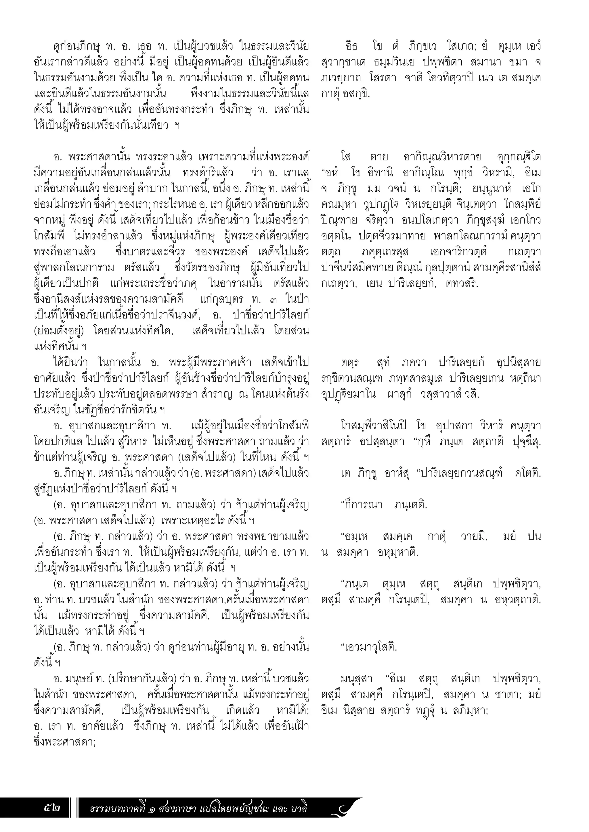 ธรรมบทภาคที่ ๑ สองภาษา แปลโดยพยัญชนะ และ บาลี
52
อิธ โข ตํ ภิกฺขเว โสเภถ; ยํ ตุมฺเห เอวํ
สฺวากฺขาเต ธมฺมวินเย ปพฺพชิตา สมานา ขมา จ
ภเวยฺยาถ โสรตา จาติ โอวทิตฺวาปิ เนว เต สมคฺเค
กาตุํ อสกฺขิ.
โส ตาย อากิณฺณวิหารตาย อุกฺกณฺ€ิโต
“อหํ โข อิทานิ อากิณฺโณ ทุกฺขํ วิหรามิ, อิเม
จ ภิกฺขู มม วจนํ น กโรนฺติ; ยนฺนูนาหํ เอโก
คณมฺหา วูปกฏฺโ€ วิหเรยฺยนฺติ จินฺเตตฺวา โกสมฺพิยํ
ปิณฺฑาย จริตฺวา อนปโลเกตฺวา ภิกฺขุสงฺฆํ เอกโกว
อตฺตโน ปตฺตจีวรมาทาย พาลกโลณการามํ คนฺตฺวา
ตตฺถ ภคุตฺเถรสฺส เอกจาริกวตฺตํ กเถตฺวา
ปาจีนวํสมิคทาเย ติณฺณํ กุลปุตฺตานํ สามคฺคีรสานิสํสํ
กเถตฺวา, เยน ปาริเลยฺยกํ, ตทวสริ.
ตตฺร สุทํ ภควา ปาริเลยฺยกํ อุปนิสฺสาย
รกฺขิตวนสณฺเฑ ภทฺทสาลมูเล ปาริเลยฺยเกน หตฺถินา
อุปฏฺ€ิยมาโน ผาสุกํ วสฺสาวาสํ วสิ.
โกสมฺพีวาสิโนปิ โข อุปาสกา วิหารํ คนฺตฺวา
สตฺถารํ อปสฺสนฺตา “กุหึ ภนฺเต สตฺถาติ ปุจฺฉึสุ.
เต ภิกฺขู อาหํสุ “ปาริเลยฺยกวนสณฺฑํ คโตติ.
“กึการณา ภนฺเตติ.
“อมฺเห สมคฺเค กาตุํ วายมิ, มยํ ปน
น สมคฺคา อหุมฺหาติ.
“ภนฺเต ตุมฺเห สตฺถุ สนฺติเก ปพฺพชิตฺวา,
ตสฺมึ สามคฺคึ กโรนฺเตปิ, สมคฺคา น อหุวตฺถาติ.
“เอวมาวุโสติ.
มนุสฺสา “อิเม สตฺถุ สนฺติเก ปพฺพชิตฺวา,
ตสฺมึ สามคฺคึ กโรนฺเตปิ, สมคฺคา น ชาตา; มยํ
อิเม นิสฺสาย สตฺถารํ ทฏฺ€ุํ น ลภิมฺหา;
ดูก่อนภิกษุ ท. อ. เธอ ท. เป็นผู้บวชแล้ว ในธรรมและวินัย
อันเรากล่าวดีแล้ว อย่างนี้ มีอยู่ เป็นผู้อดทนด้วย เป็นผู้ยินดีแล้ว
ในธรรมอันงามด้วย พึงเป็น ใด อ. ความที่แห่งเธอ ท. เป็นผู้อดทน
และยินดีแล้วในธรรมอันงามนั้น พึงงามในธรรมและวินัยนี้แล
ดังนี้ ไม่ได้ทรงอาจแล้ว เพื่ออันทรงกระท�ำ ซึ่งภิกษุ ท. เหล่านั้น
ให้เป็นผู้พร้อมเพรียงกันนั่นเทียว ฯ
อ. พระศาสดานั้น ทรงระอาแล้ว เพราะความที่แห่งพระองค์
มีความอยู่อันเกลื่อนกล่นแล้วนั้น ทรงด�ำริแล้ว ว่า อ. เราแล
เกลื่อนกล่นแล้ว ย่อมอยู่ ล�ำบาก ในกาลนี้, อนึ่ง อ. ภิกษุ ท. เหล่านี้
ย่อมไม่กระท�ำซึ่งค�ำของเรา;กระไรหนออ.เราผู้เดียวหลีกออกแล้ว
จากหมู่ พึงอยู่ ดังนี้เสด็จเที่ยวไปแล้ว เพื่อก้อนข้าว ในเมืองชื่อว่า
โกสัมพี ไม่ทรงอ�ำลาแล้ว ซึ่งหมู่แห่งภิกษุ ผู้พระองค์เดียวเทียว
ทรงถือเอาแล้ว ซึ่งบาตรและจีวร ของพระองค์ เสด็จไปแล้ว
สู่พาลกโลณการาม ตรัสแล้ว ซึ่งวัตรของภิกษุ ผู้มีอันเที่ยวไป
ผู้เดียวเป็นปกติ แก่พระเถระชื่อว่าภคุ ในอารามนั้น ตรัสแล้ว
ซึ่งอานิสงส์แห่งรสของความสามัคคี แก่กุลบุตร ท. ๓ ในป่า
เป็นที่ให้ซึ่งอภัยแก่เนื้อชื่อว่าปราจีนวงศ์, อ. ป่าชื่อว่าปาริไลยก์
(ย่อมตั้งอยู่) โดยส่วนแห่งทิศใด, เสด็จเที่ยวไปแล้ว โดยส่วน
แห่งทิศนั้น ฯ
ได้ยินว่า ในกาลนั้น อ. พระผู้มีพระภาคเจ้า เสด็จเข้าไป
อาศัยแล้ว ซึ่งป่าชื่อว่าปาริไลยก์ ผู้อันช้างชื่อว่าปาริไลยก์บ�ำรุงอยู่
ประทับอยู่แล้ว ประทับอยู่ตลอดพรรษา ส�ำราญ ณ โคนแห่งต้นรัง
อันเจริญ ในชัฏชื่อว่ารักขิตวัน ฯ
อ. อุบาสกและอุบาสิกา ท. แม้ผู้อยู่ในเมืองชื่อว่าโกสัมพี
โดยปกติแล ไปแล้ว สู่วิหาร ไม่เห็นอยู่ ซึ่งพระศาสดา ถามแล้ว ว่า
ข้าแต่ท่านผู้เจริญ อ. พระศาสดา (เสด็จไปแล้ว) ในที่ไหน ดังนี้ ฯ
อ.ภิกษุท.เหล่านั้นกล่าวแล้วว่า(อ.พระศาสดา)เสด็จไปแล้ว
สู่ชัฏแห่งป่าชื่อว่าปาริไลยก์ ดังนี้ฯ
(อ. อุบาสกและอุบาสิกา ท. ถามแล้ว) ว่า ข้าแต่ท่านผู้เจริญ
(อ. พระศาสดา เสด็จไปแล้ว) เพราะเหตุอะไร ดังนี้ฯ
(อ. ภิกษุ ท. กล่าวแล้ว) ว่า อ. พระศาสดา ทรงพยายามแล้ว
เพื่ออันกระท�ำ ซึ่งเรา ท. ให้เป็นผู้พร้อมเพรียงกัน, แต่ว่า อ. เรา ท.
เป็นผู้พร้อมเพรียงกัน ได้เป็นแล้ว หามิได้ ดังนี้ ฯ
(อ. อุบาสกและอุบาสิกา ท. กล่าวแล้ว) ว่า ข้าแต่ท่านผู้เจริญ
อ.ท่านท.บวชแล้วในส�ำนัก ของพระศาสดา,ครั้นเมื่อพระศาสดา
นั้น แม้ทรงกระท�ำอยู่ ซึ่งความสามัคคี, เป็นผู้พร้อมเพรียงกัน
ได้เป็นแล้ว หามิได้ ดังนี้ฯ
(อ. ภิกษุ ท. กล่าวแล้ว) ว่า ดูก่อนท่านผู้มีอายุ ท. อ. อย่างนั้น
ดังนี้ฯ
อ. มนุษย์ ท. (ปรึกษากันแล้ว) ว่า อ. ภิกษุ ท. เหล่านี้บวชแล้ว
ในส�ำนัก ของพระศาสดา, ครั้นเมื่อพระศาสดานั้น แม้ทรงกระท�ำอยู่
ซึ่งความสามัคคี, เป็นผู้พร้อมเพรียงกัน เกิดแล้ว หามิได้;
อ. เรา ท. อาศัยแล้ว ซึ่งภิกษุ ท. เหล่านี้ ไม่ได้แล้ว เพื่ออันเฝ
้ า
ซึ่งพระศาสดา;
 